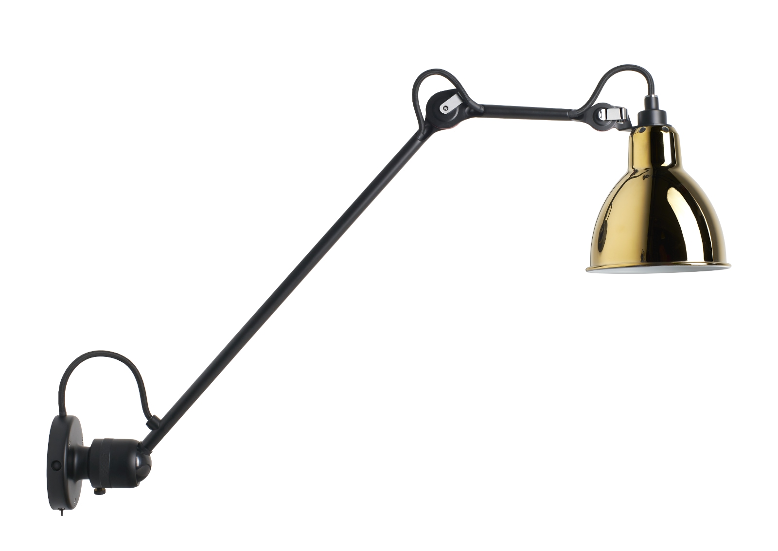 Wandleuchte № 304 mit Gelenk-Arm L40/L60: Das Modell 1 (304 L40) ist optional auch mit Kippschalter am Wandteil erhältlich. Hier mit goldenem Schirm.