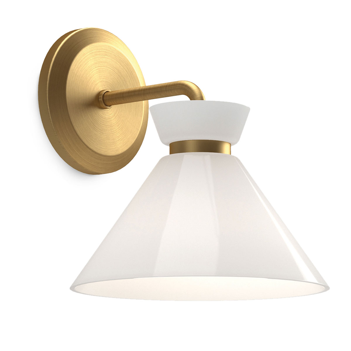 Zeitlose Design-Wandleuchte, messingfarben mit Kegel-Opalglas