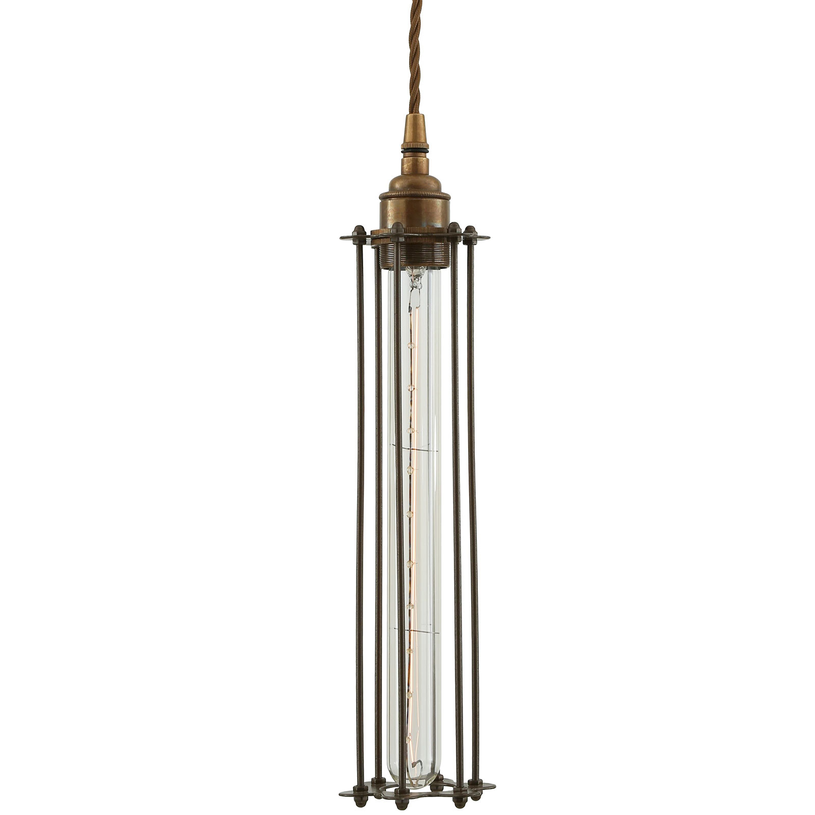 Long industrial style pendant lamp with protective cage