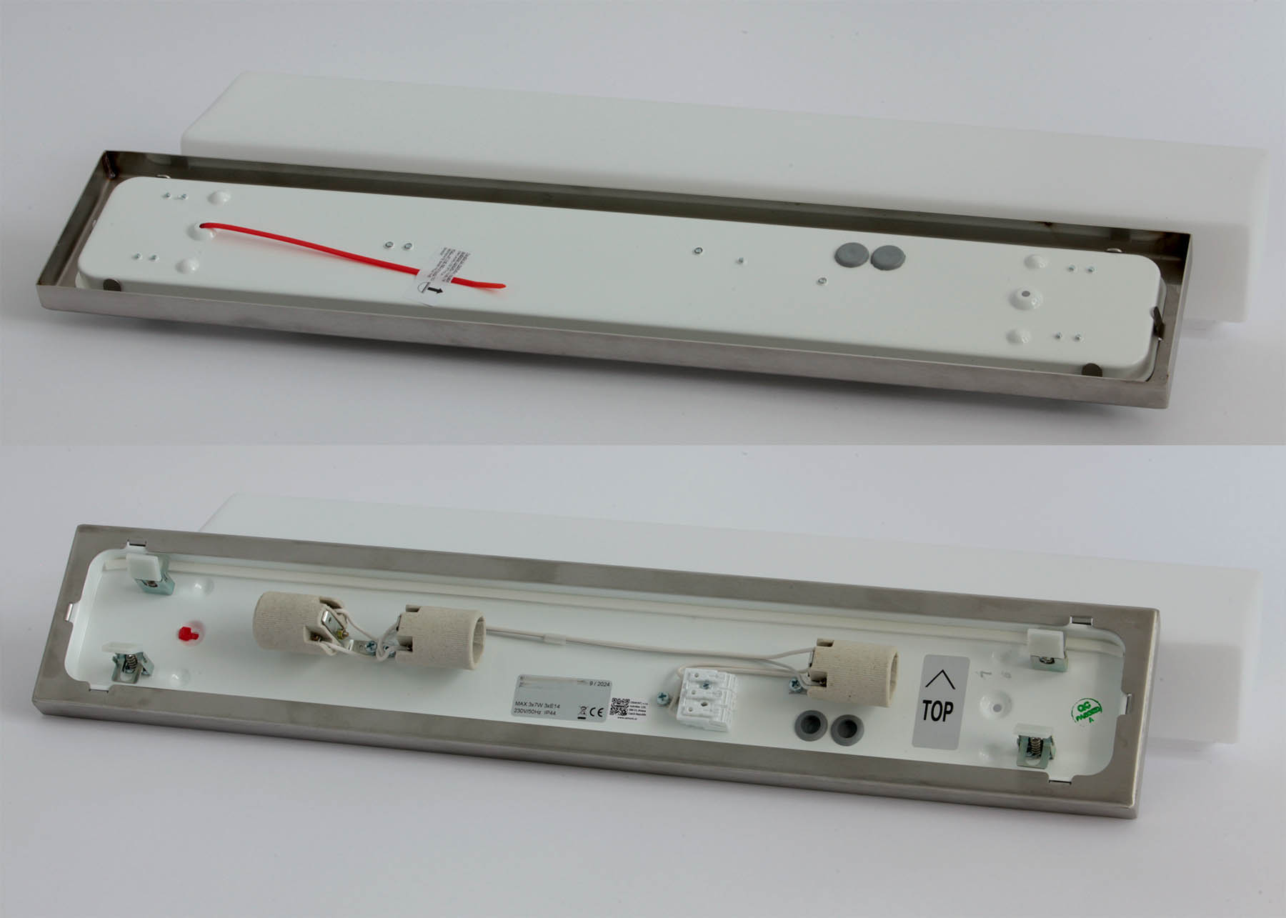 Lange Opalglas-Deckenleuchte SYLVA mit Balkenprofil, 61 cm: Edelstahl satiniert mit E14 Fassungen