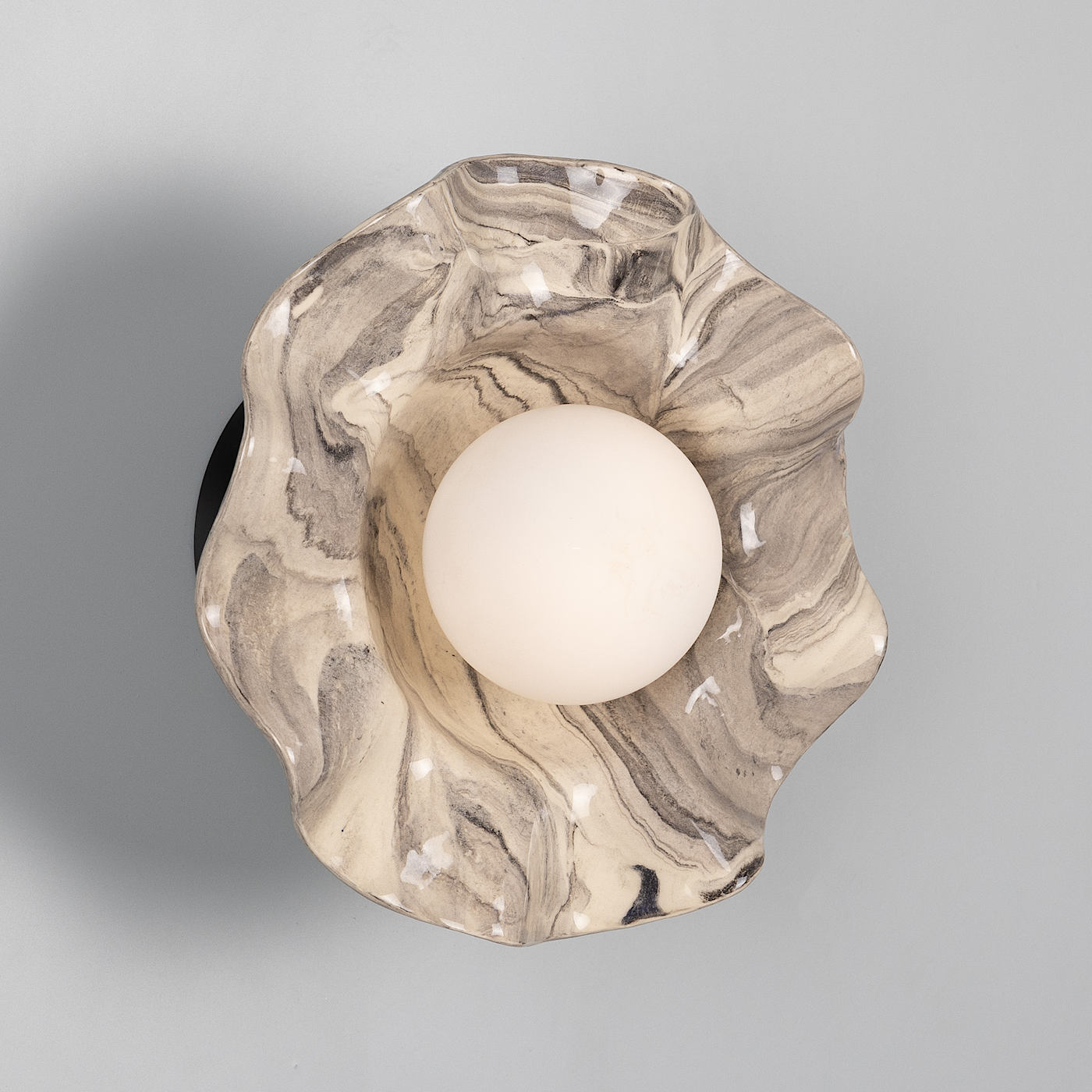 Flower Wall Lamp with Wavy Shade Made of Marbled Ceramic