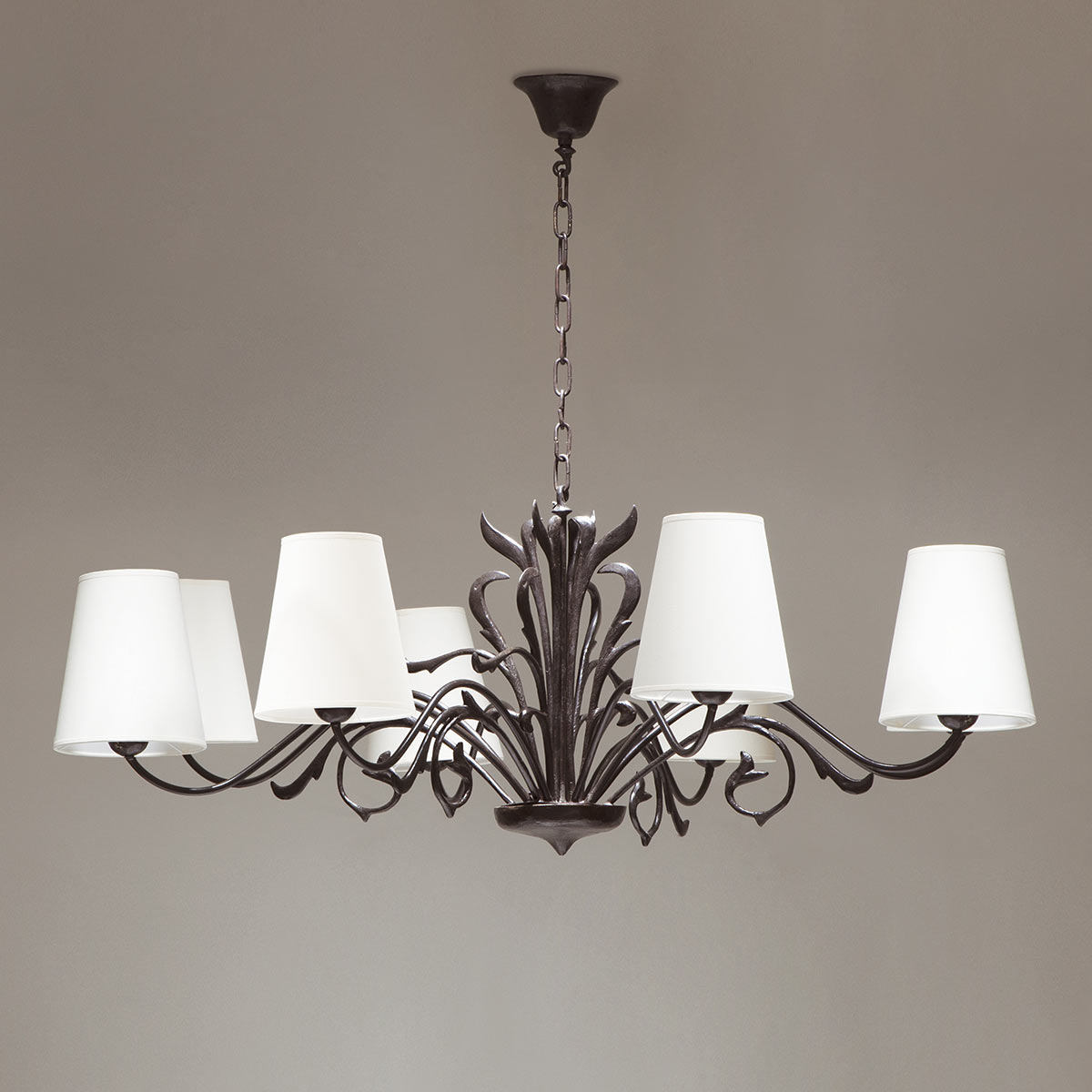 Large elaborate bronze cast chandelier with fabric shades (Ø 95 / 120 cm)