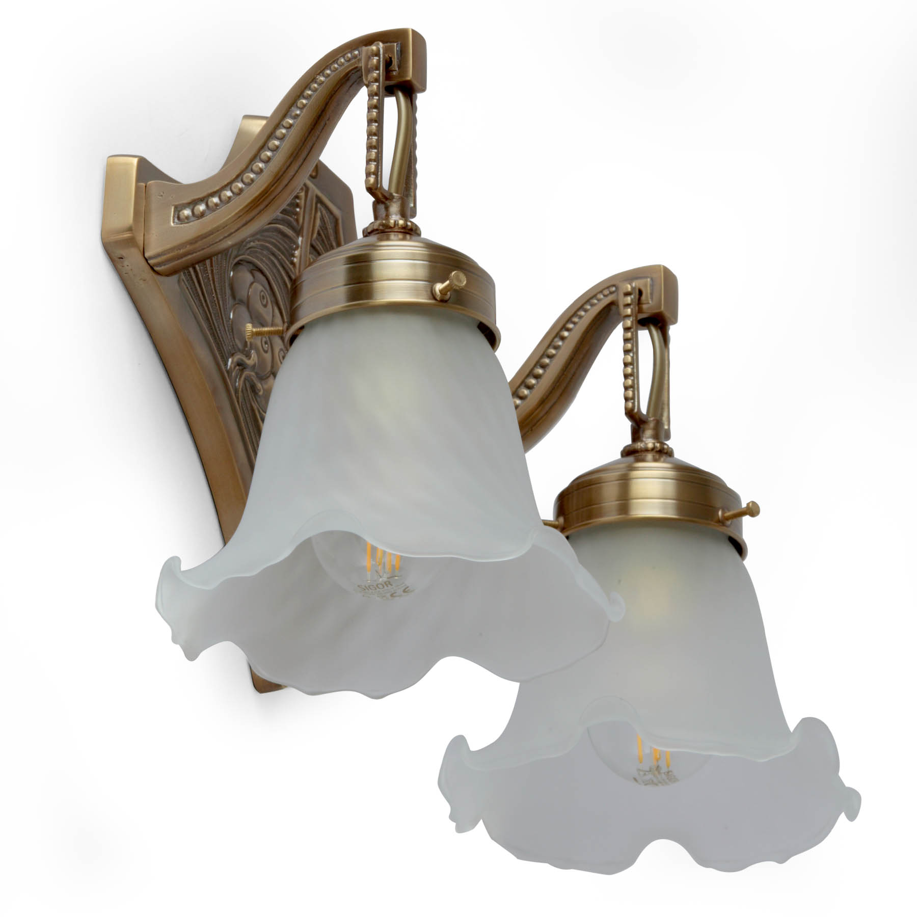 Zweiflammige Jugendstil-Wandleuchte SOLON WL V: Antik handpatiniert (Altmessing)