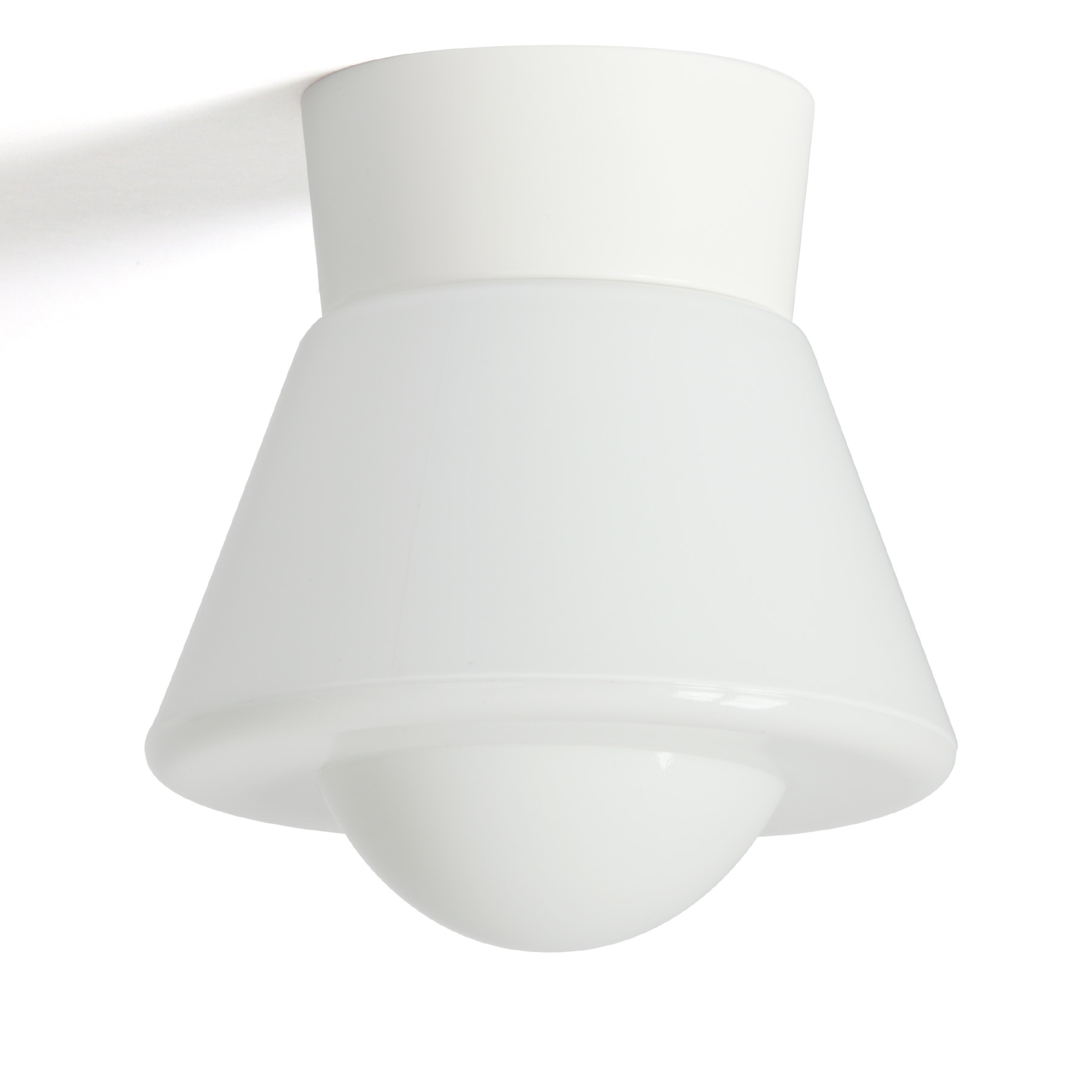 Bakelite Ceiling Lamp with Opal White Art Déco Glass Shade KOMET: Hier mit Sockel aus weißem Bakelit
