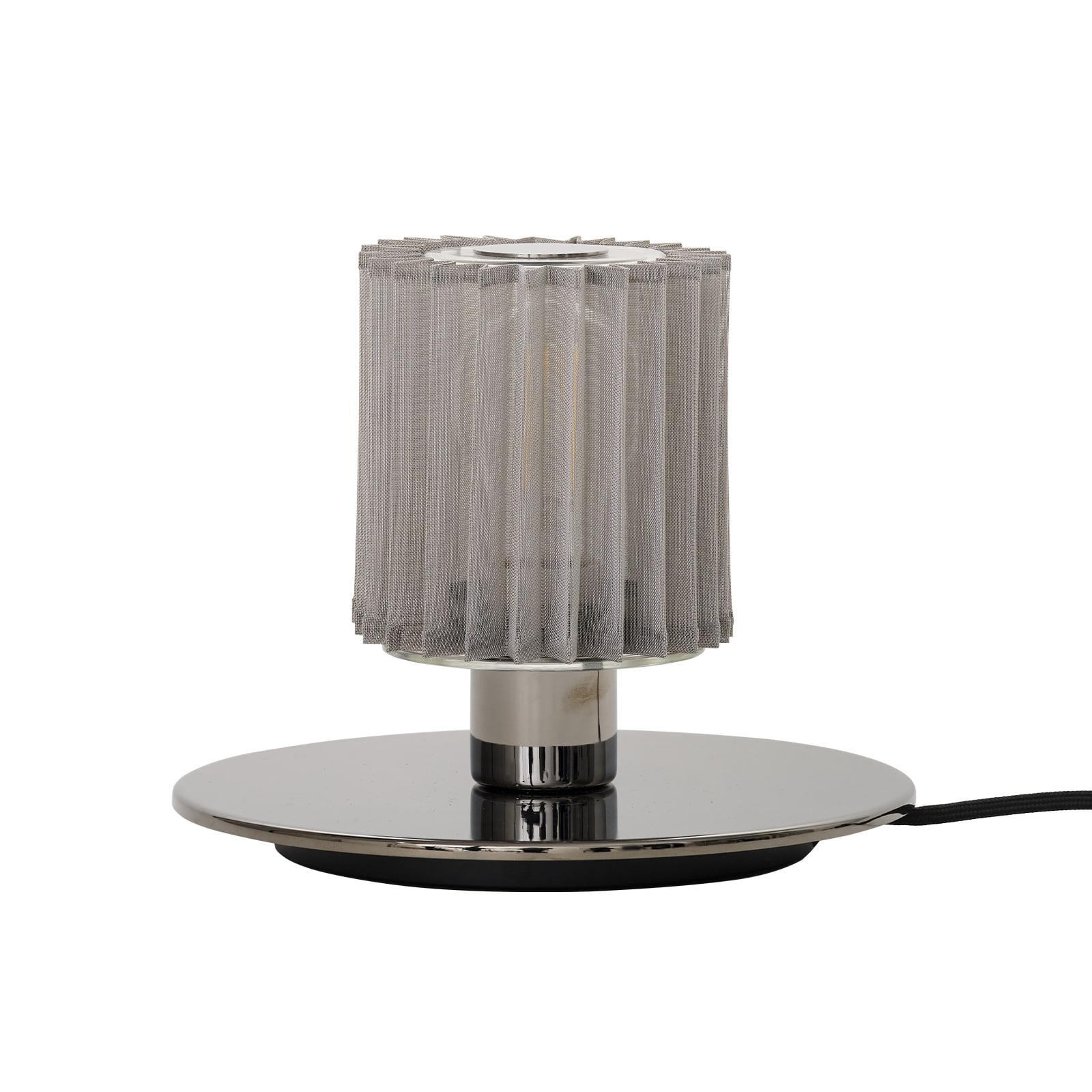 Decorative Design Table Lamp with Mesh Diffuser IN THE SUN 220: Silberner Sockel/Reflektor und silberne Gewebeabschirmung