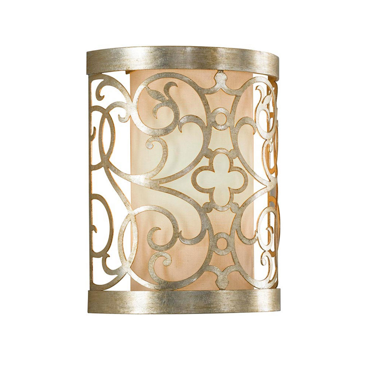 Kleine arabeske Wandleuchte mit Silber-Patina und Stoffschirm