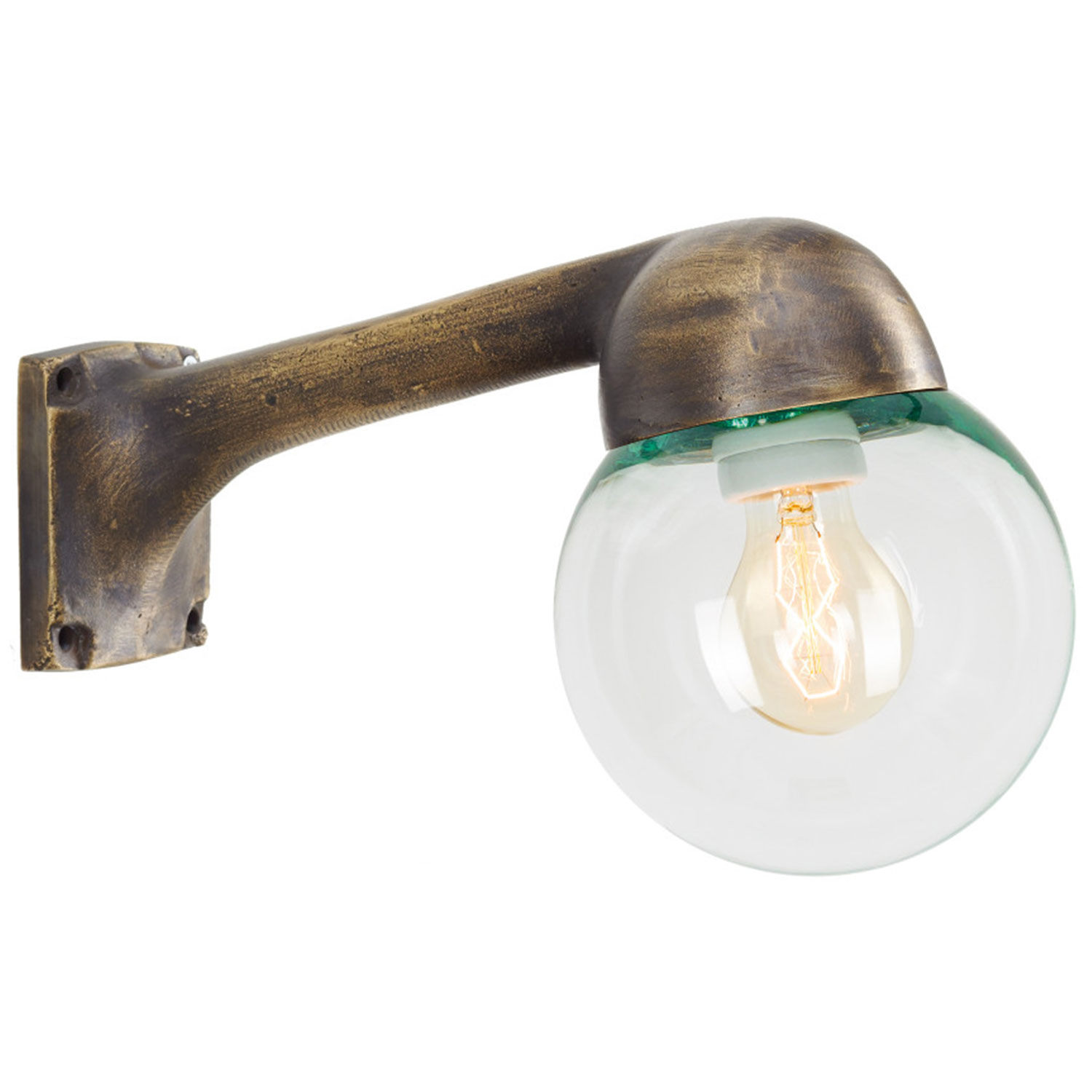 Rough wall light with cast bronze arm and clear glass ball