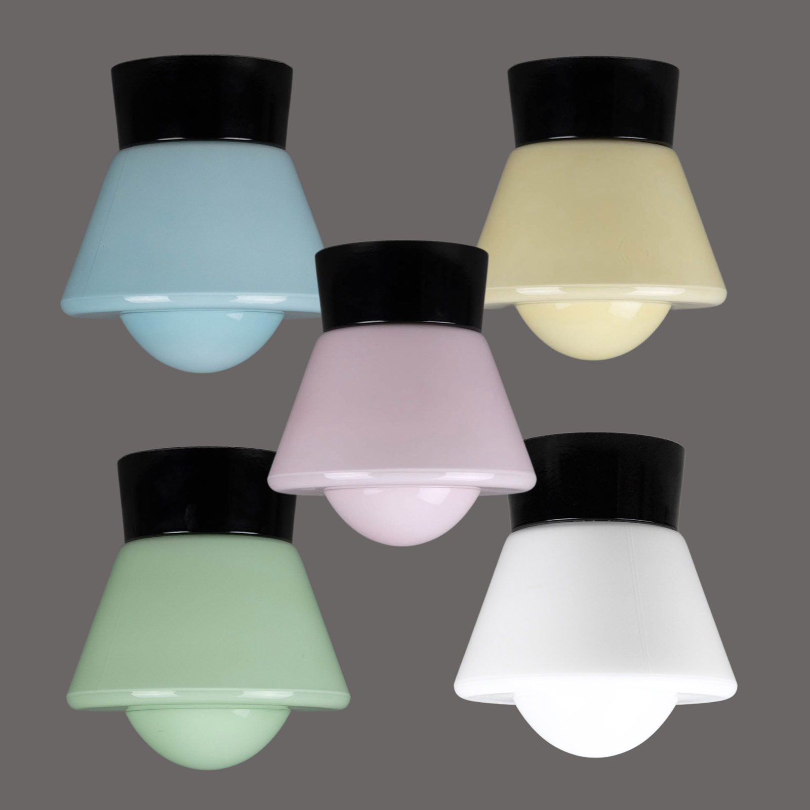 Pastel Glass Ceiling Light with Bakelite Base KOMET, Various Colours: Zur Auswahl stehen die Farben blau, gelb, grün, rosa und opales Glas
