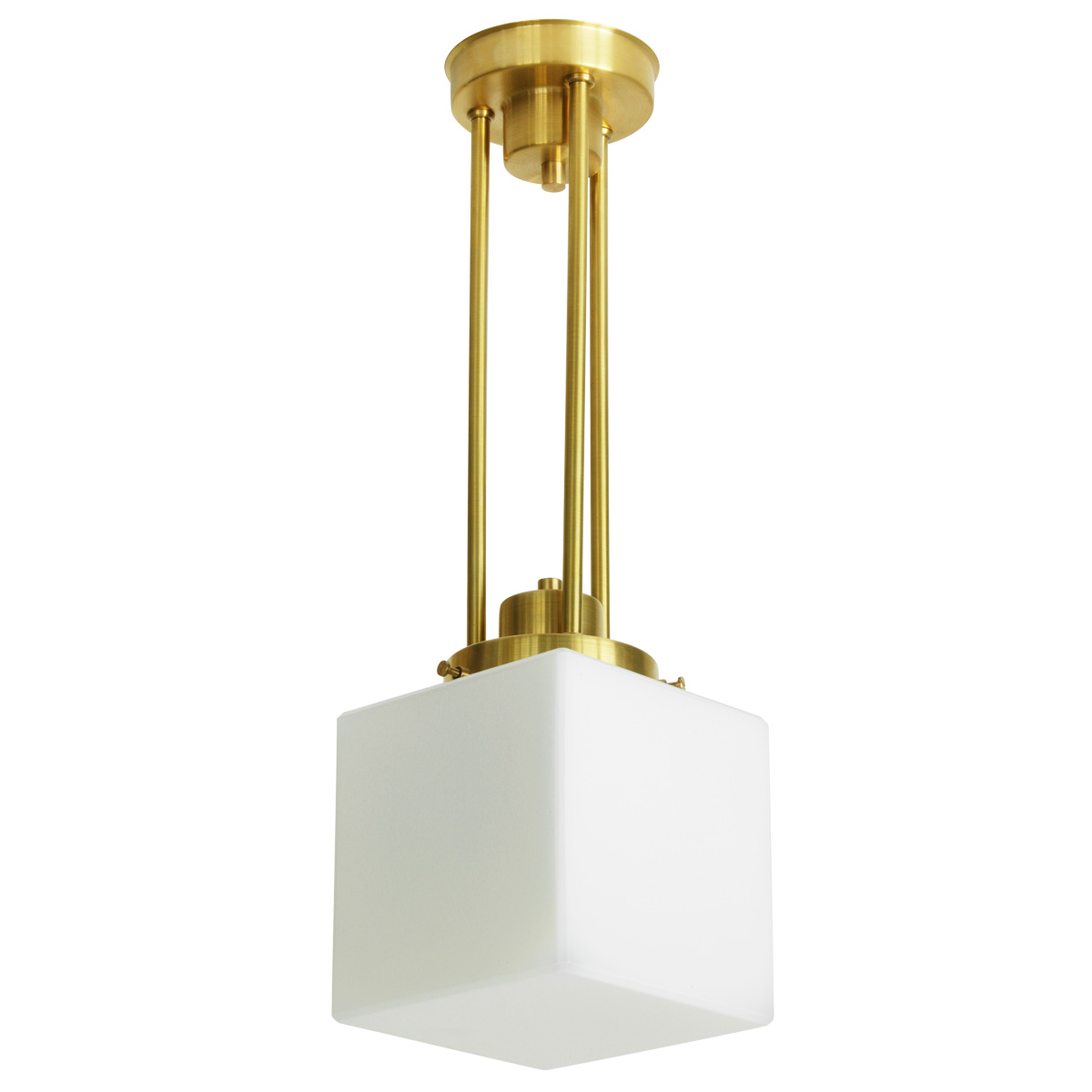 Three-rod pendant lamp with opal cube glass