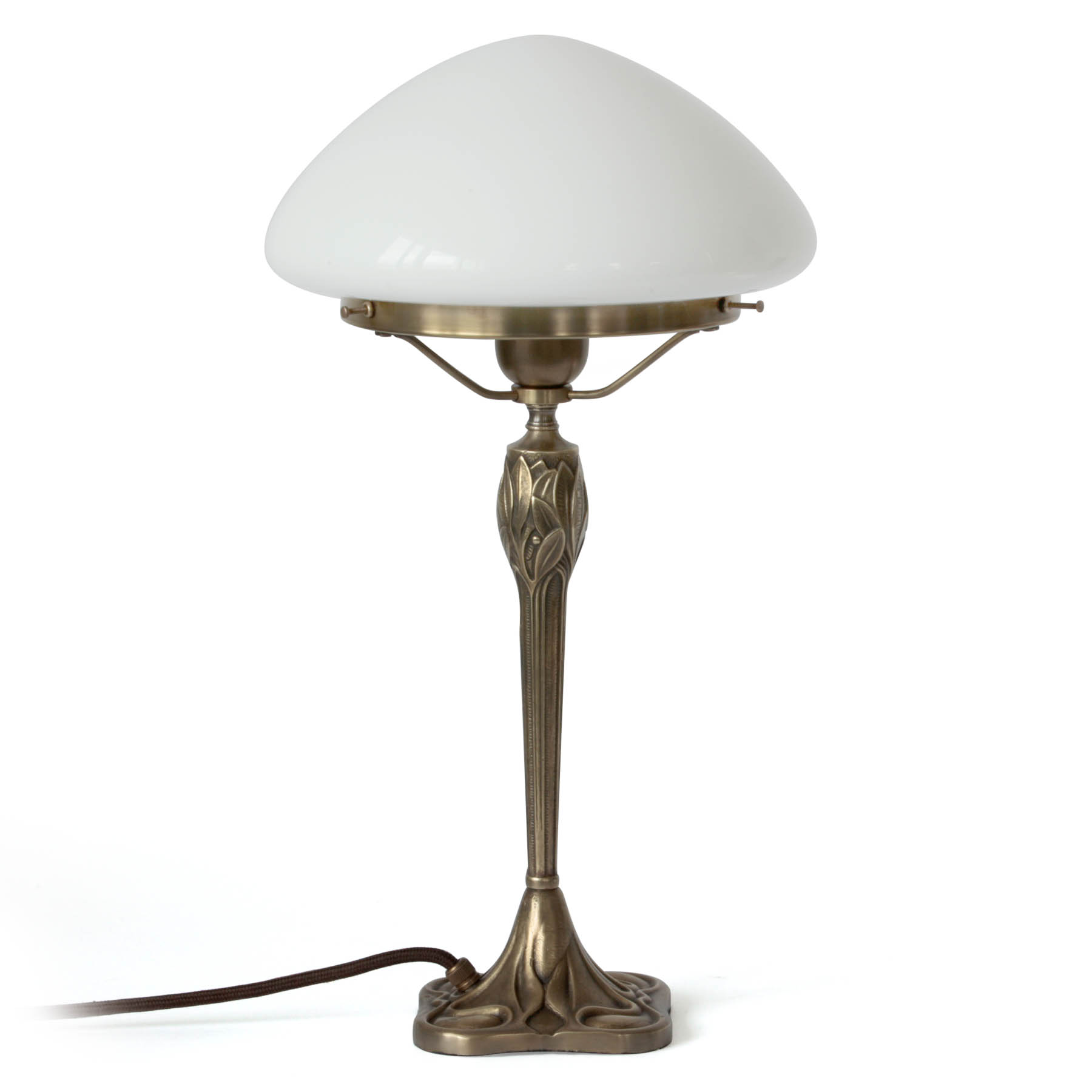 Authentische Pilz-Tischleuchte mit Jugendstil-Ornamenten, Glas in grün oder weiß