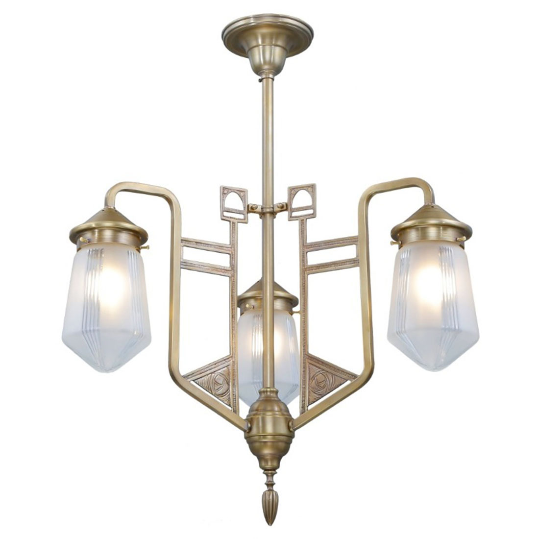 Dreiarmiger Jugendstil-Hängeleuchter, handgefertigt aus Messing