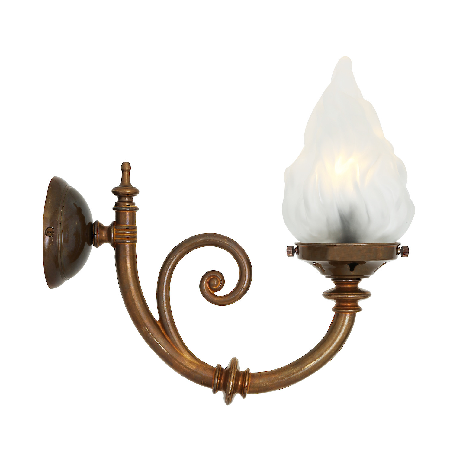 Nostalgische Wandleuchte mit Flammen-Glas und verziertem Messing-Wandarm: Alt-Messing patiniert