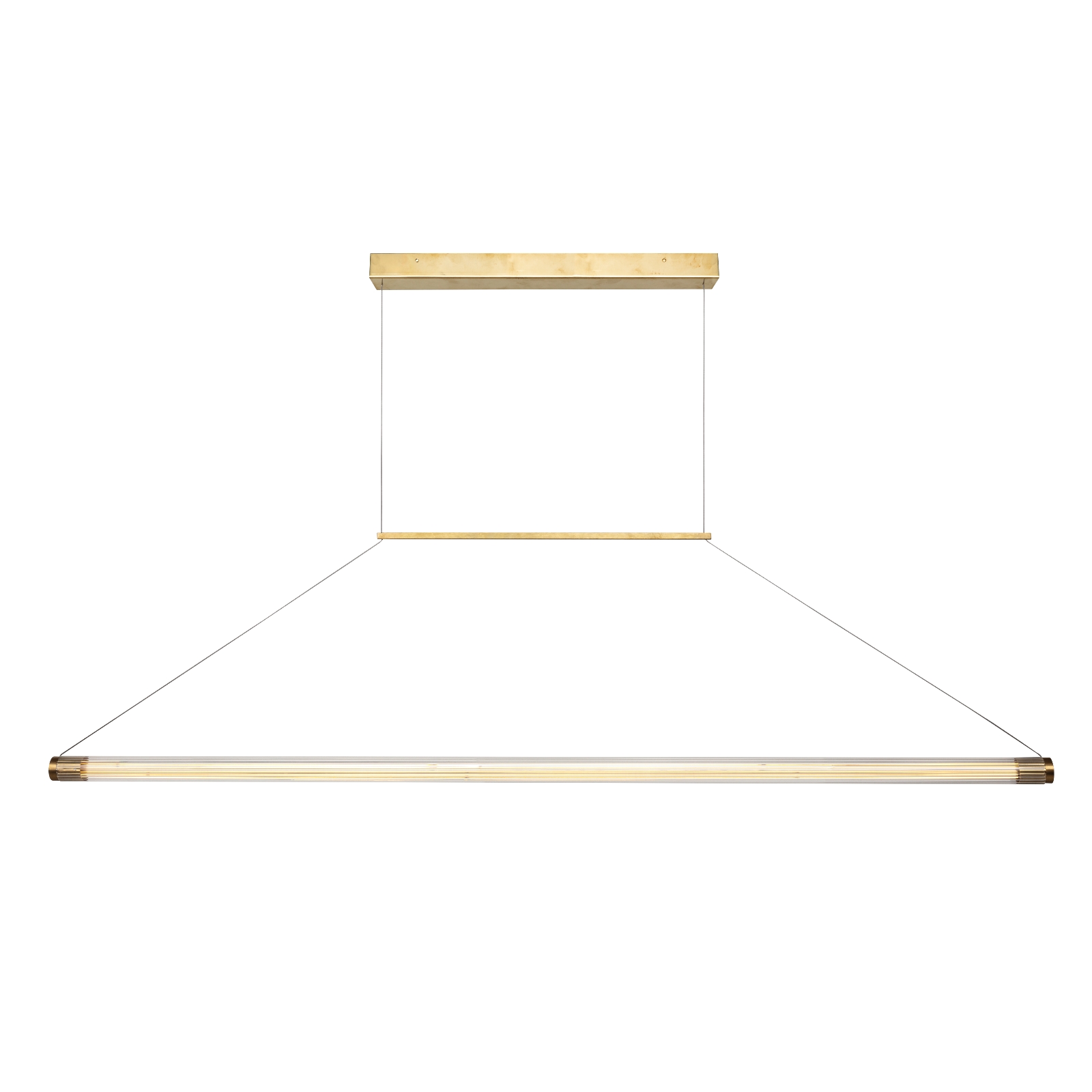 Elegante Glasröhren-Pendelleuchte RAY mit Messingdetails: Das große Modell mit rund 150 cm Breite.