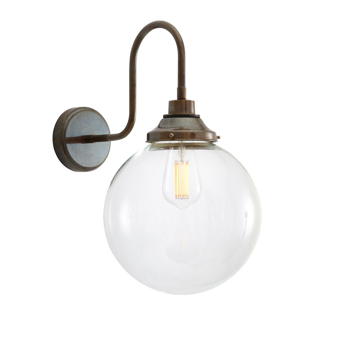 Schwanenhals-Wandlampe mit Kugelglas (klar, Ø 20–30 cm) und IP44