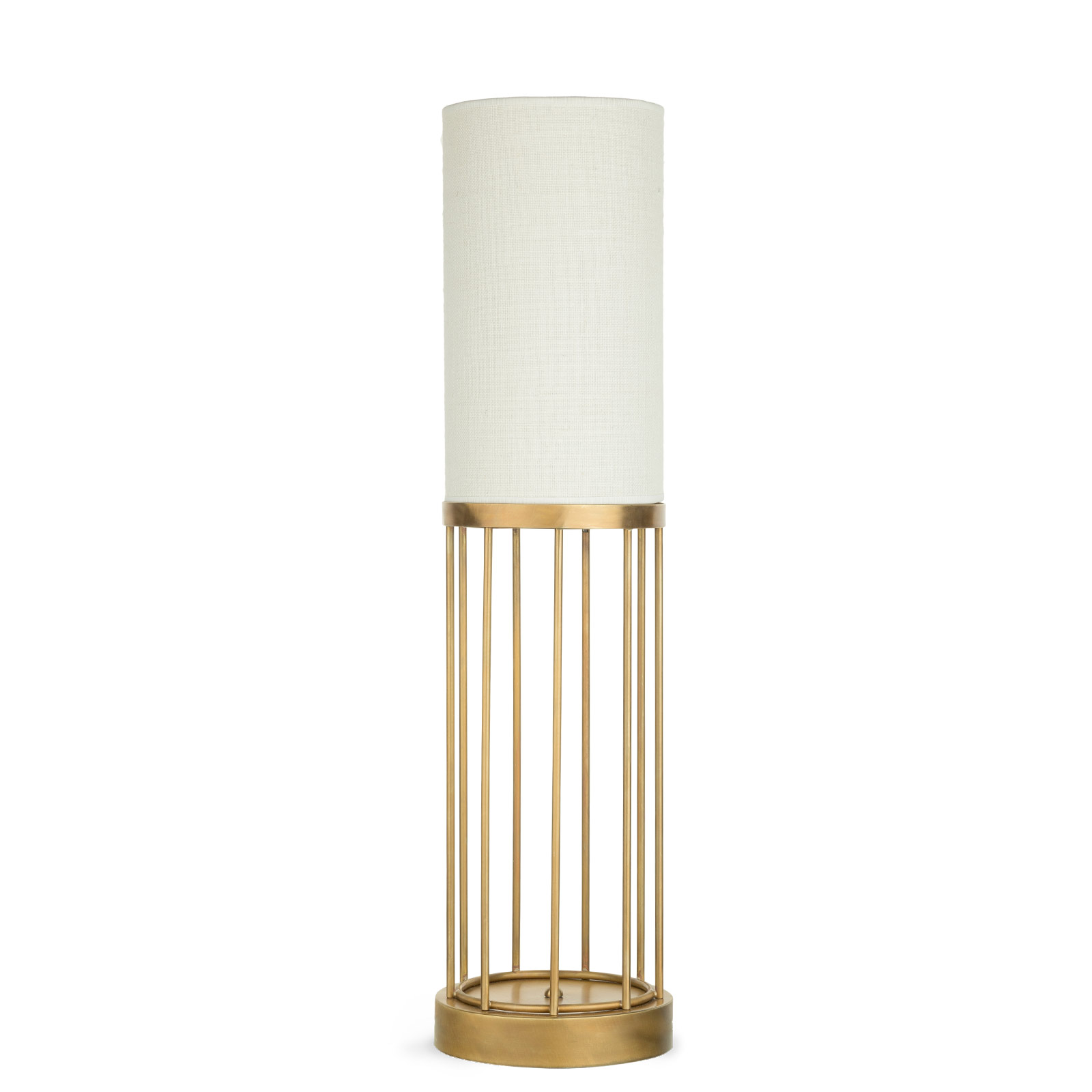 Zylindrische Textilschirm-Tischleuchte CAGE mit Messing-„Käfig“, Ø 20 cm