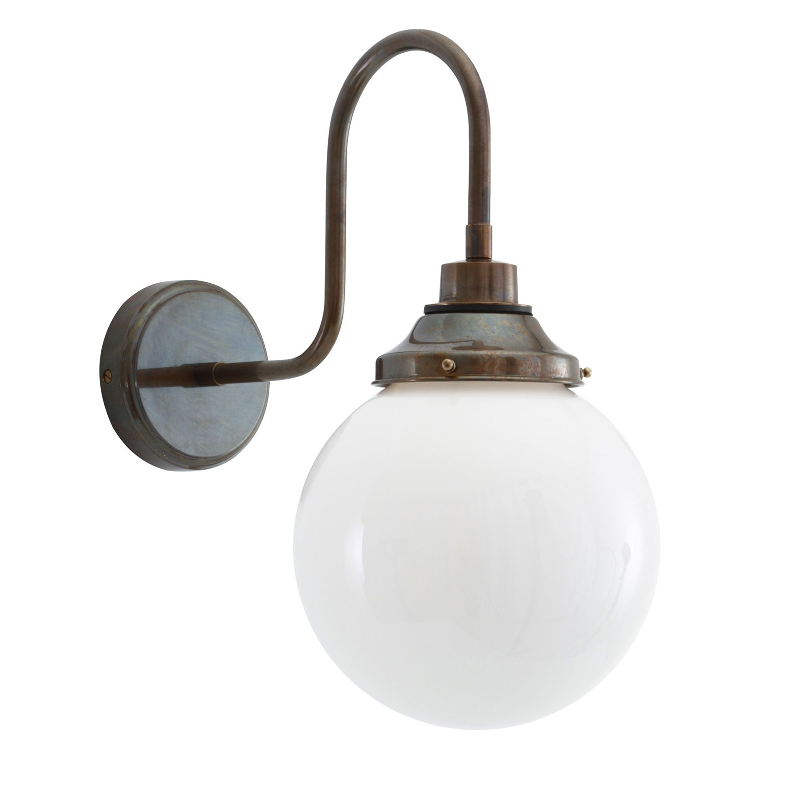 Schwanenhals-Wandlampe mit Kugelglas (opal, Ø 20–30 cm) und IP44