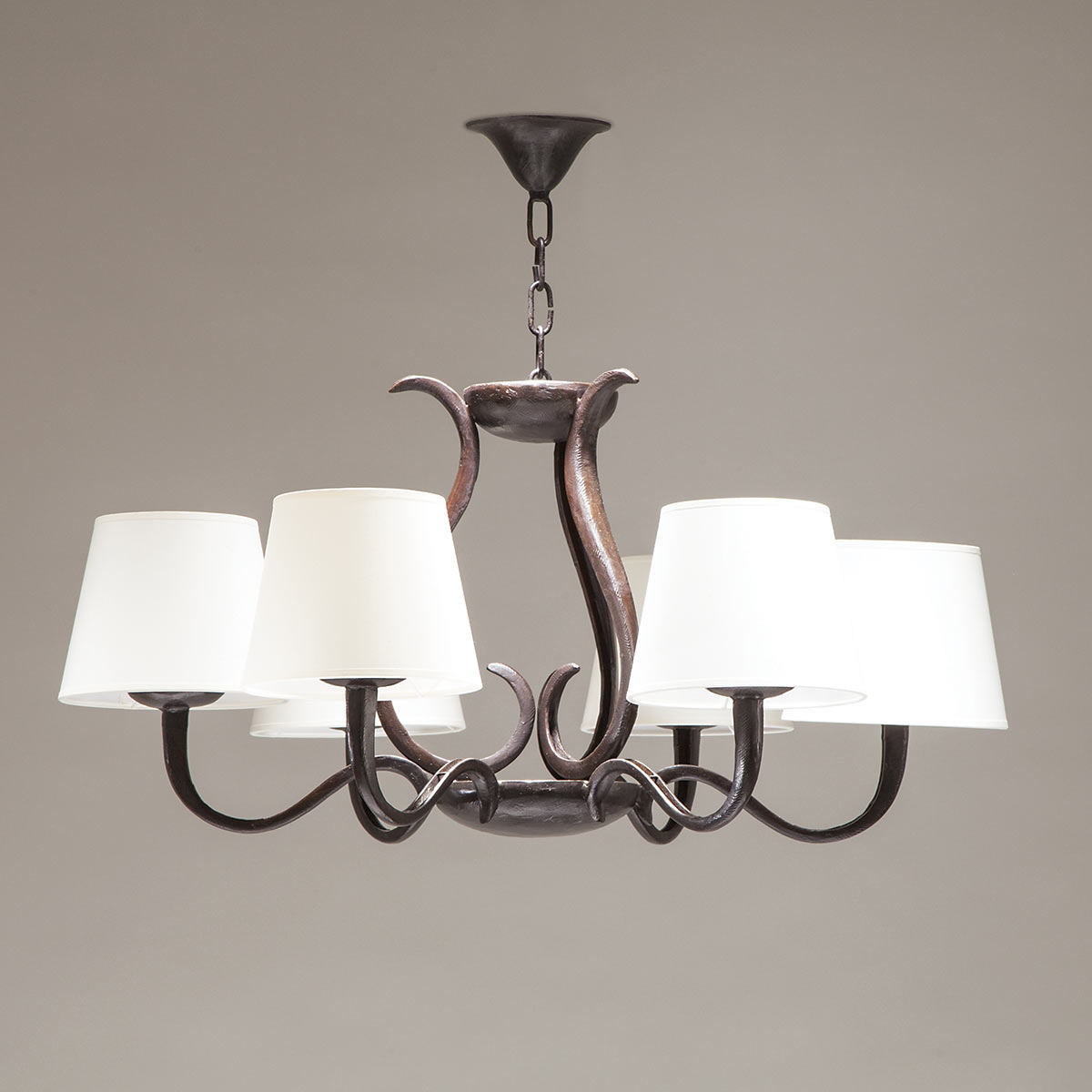 Handcrafted bronze chandelier OCTAVE with fabric shades