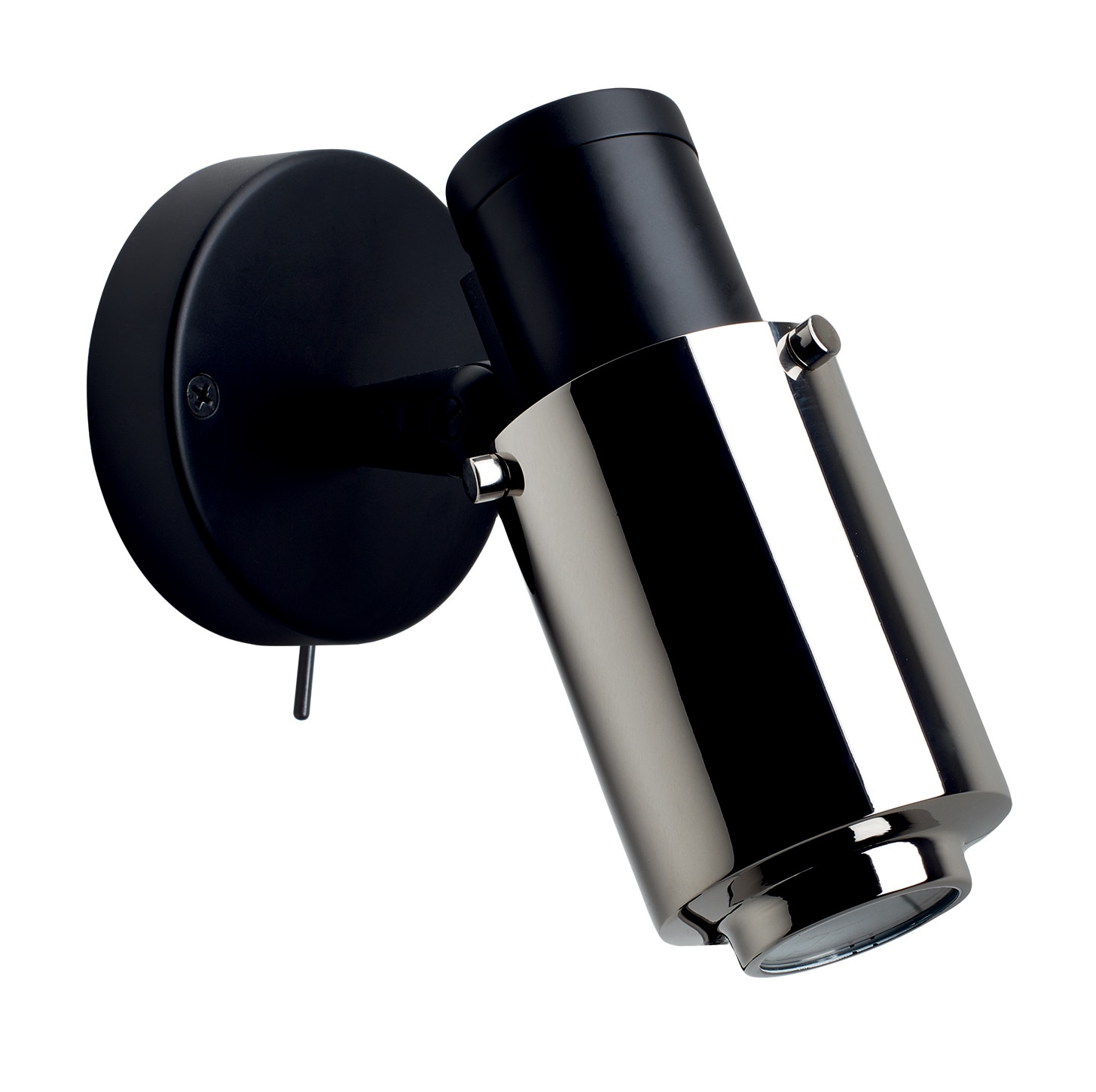 BINY SPOT Adjustable wall spot, LED version: Nur die Version mit vernickeltem Gehäuse ist auch ohne Griff erhältlich (hier mit Schalter).