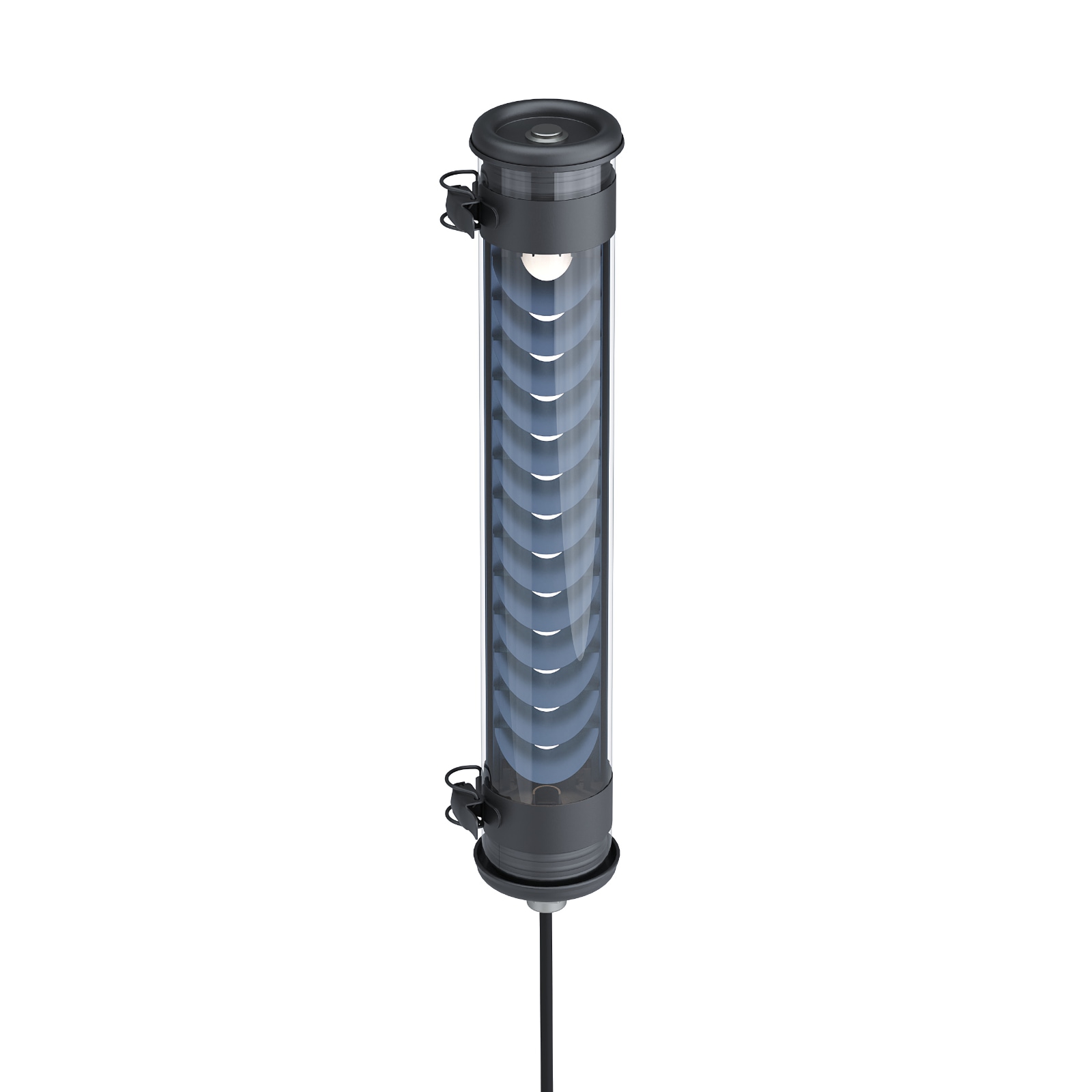 Röhren-Wandleuchte mit Stecker ELGAR PUSH: Das Modell in Schwarz mit blauem Lamellenreflektor (petrol)