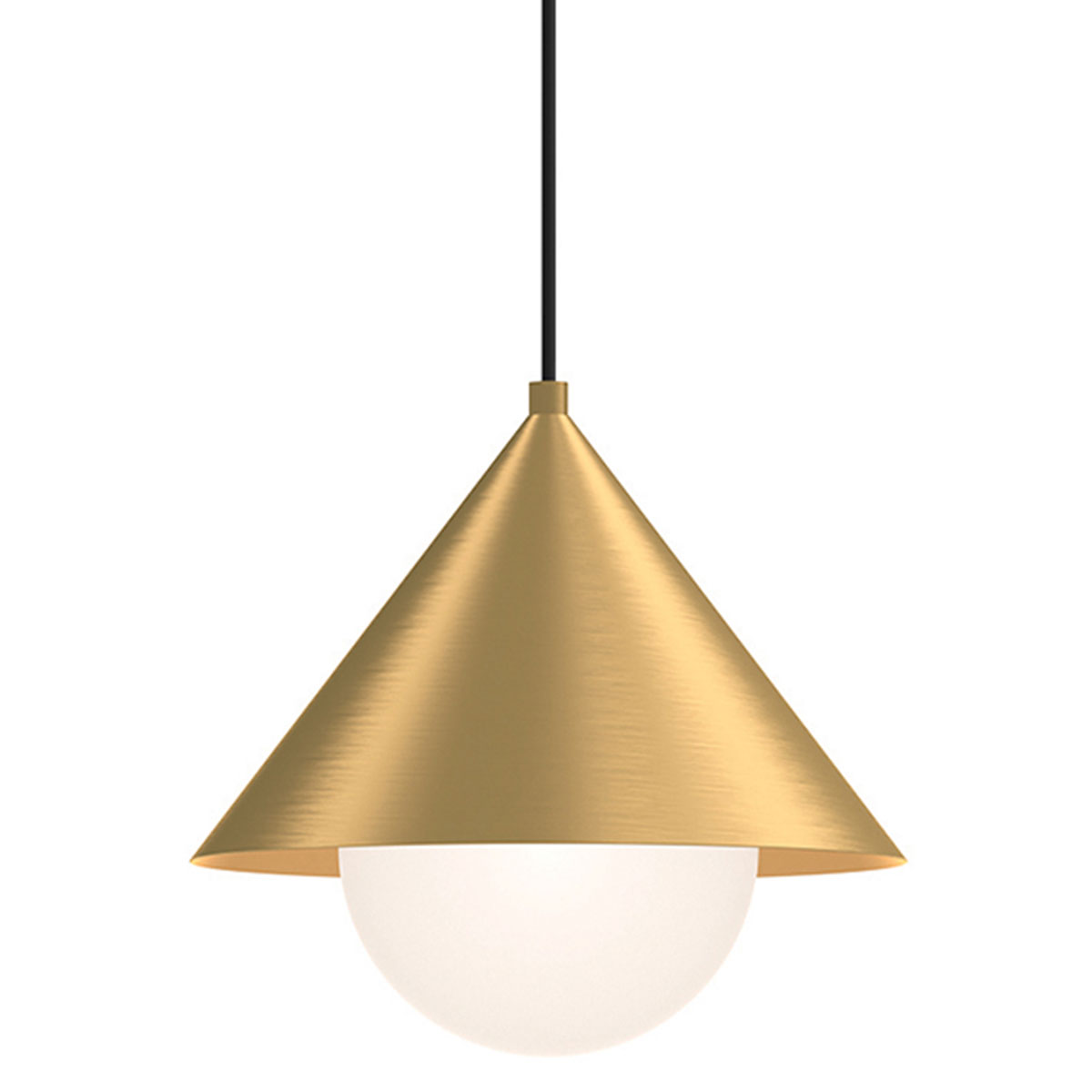 Golden Cone-Shaped Pendant Light with an Opal Glass Globe