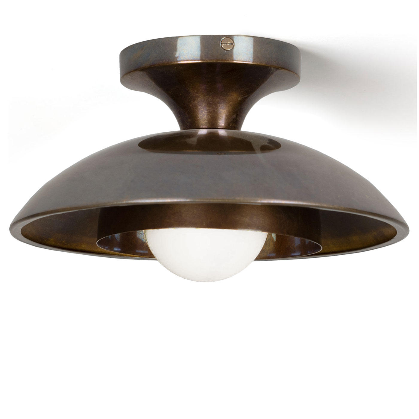 Kleine Deckenleuchte mit Glaskugel und Messing-Schirm, Ø 25 cm