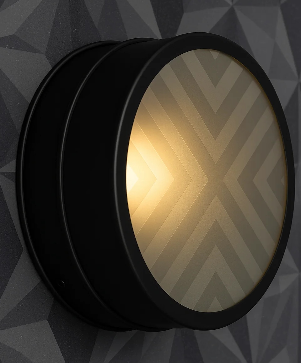 Runde Deckenleuchte ZERO mit Ätzglas-Scheibe, Ø 22 cm: Modell 2 in Mattschwarz mit individuell gestaltetem, geätztem Muster auf der Glasscheibe (bitte anfragen)