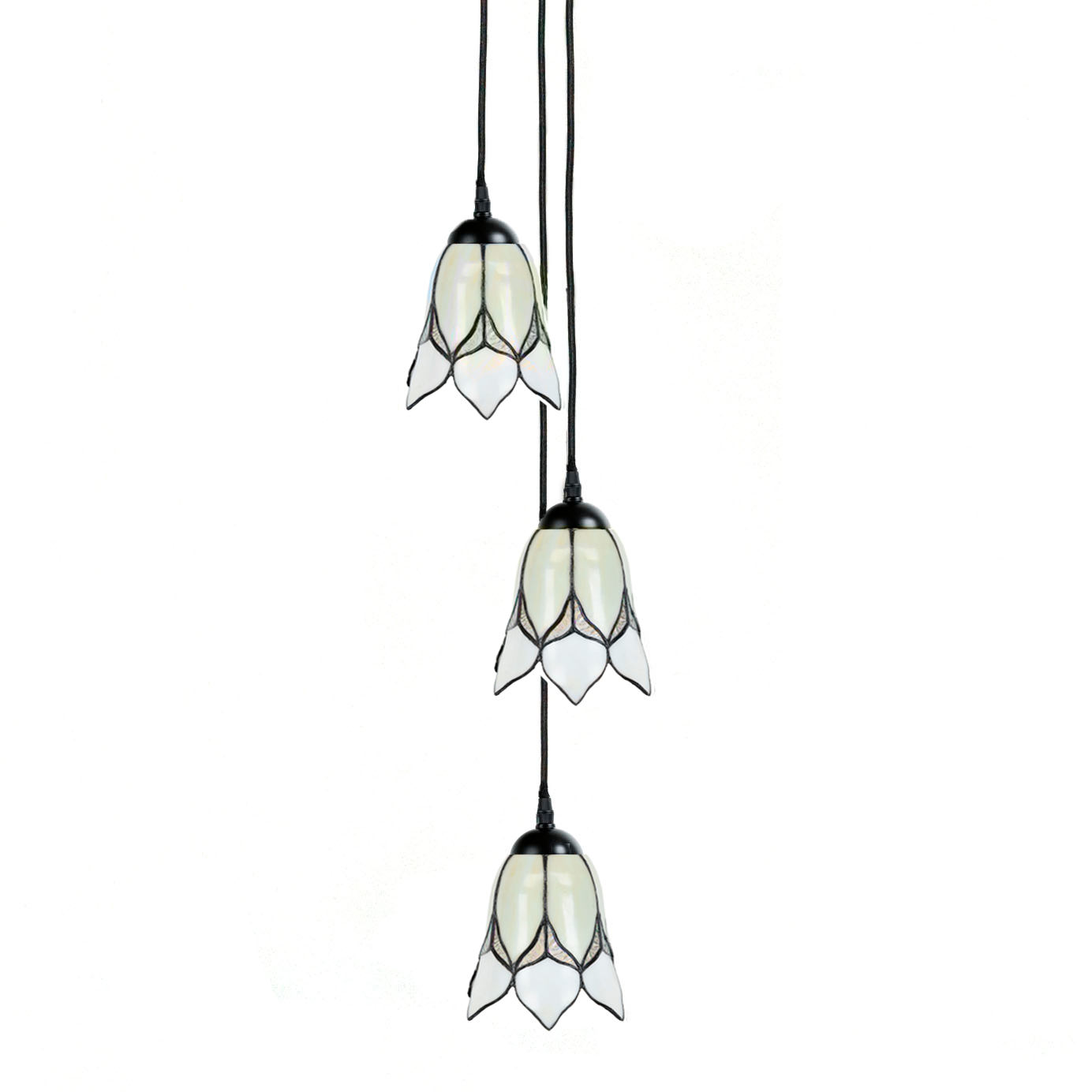 Group of Tiffany lights with white glass shades