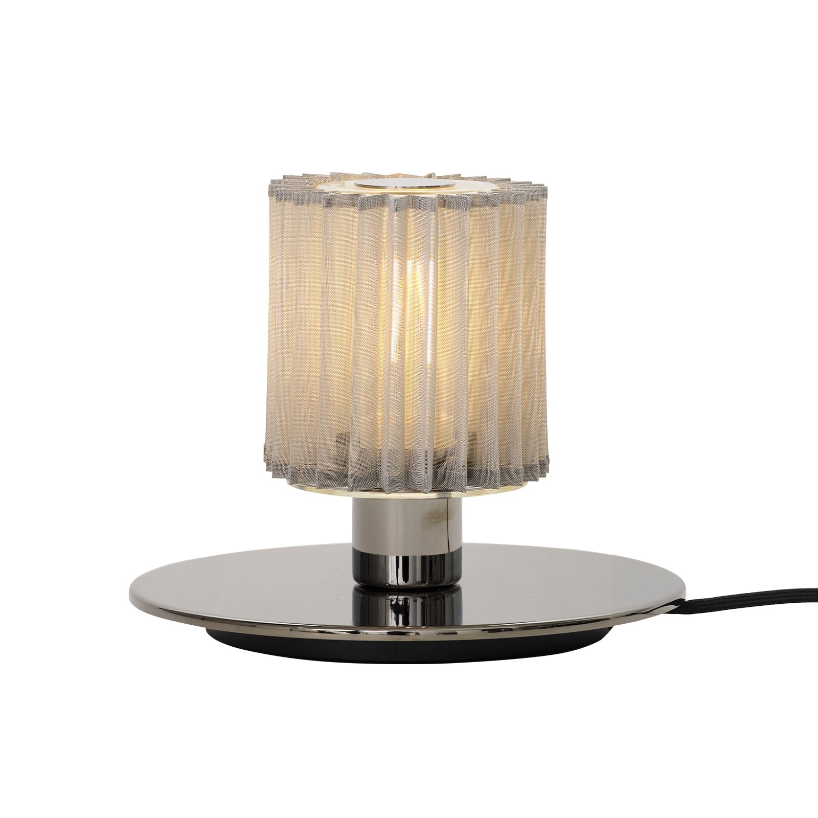 Decorative Design Table Lamp with Mesh Diffuser IN THE SUN 220: Silberner Sockel/Reflektor und silberne Gewebeabschirmung