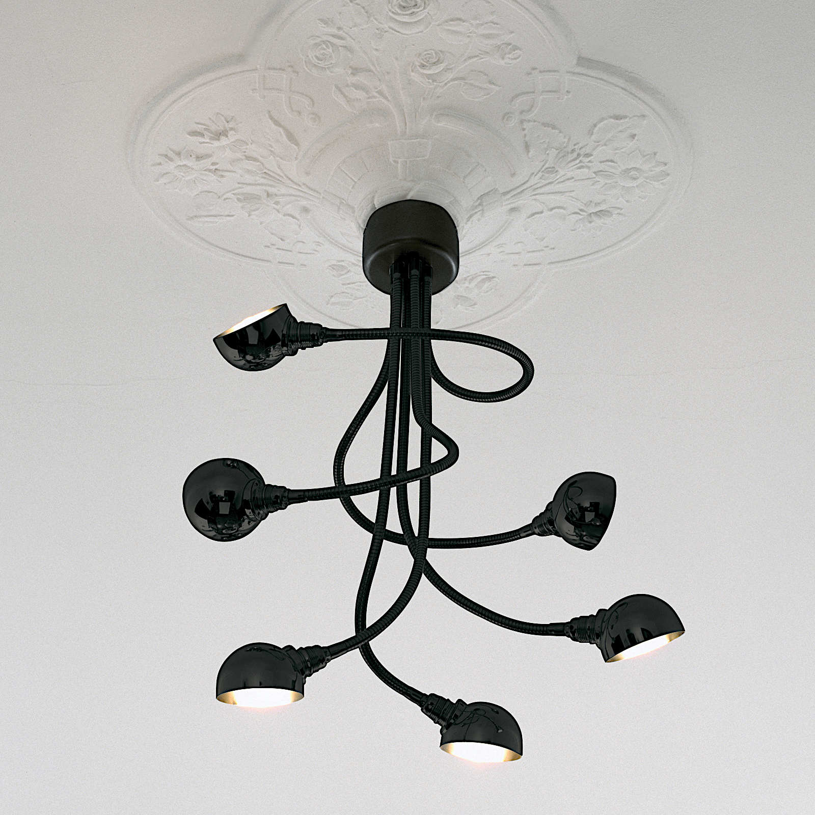 Flexible Ceiling Light CALAMARI with 6 Hemispherical Black Reflectors