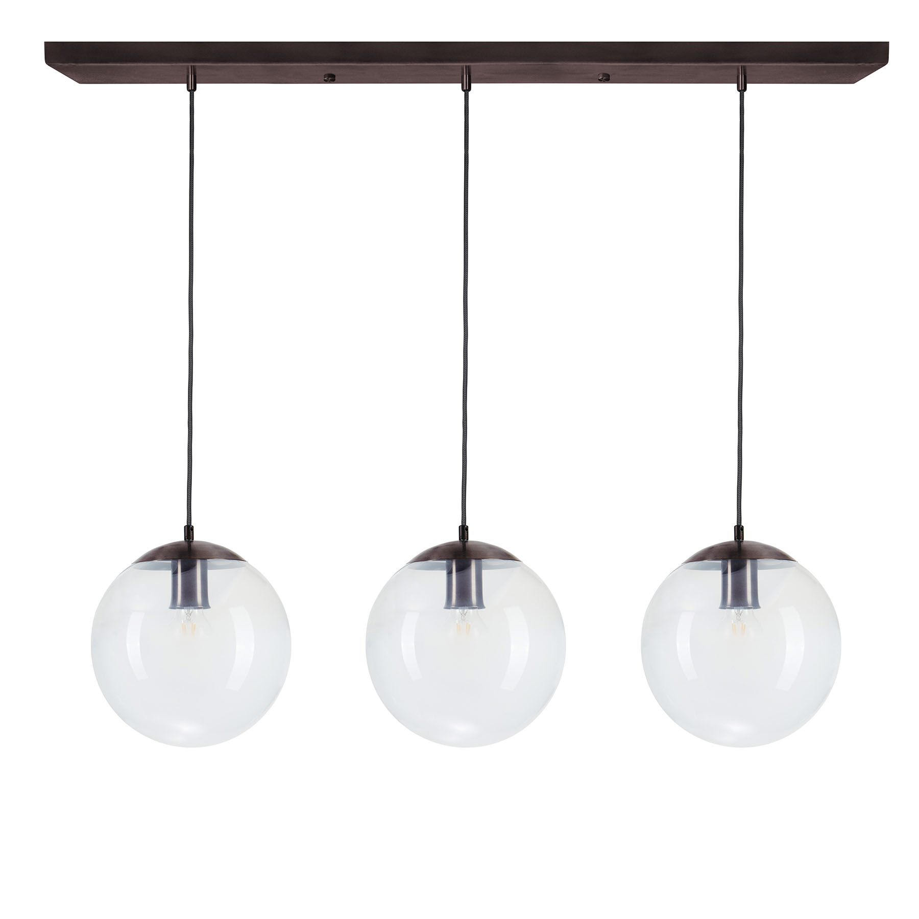 Dreifach-Pendelleuchte: Leiste mit drei (farbigen) 22 cm-Glaskugeln