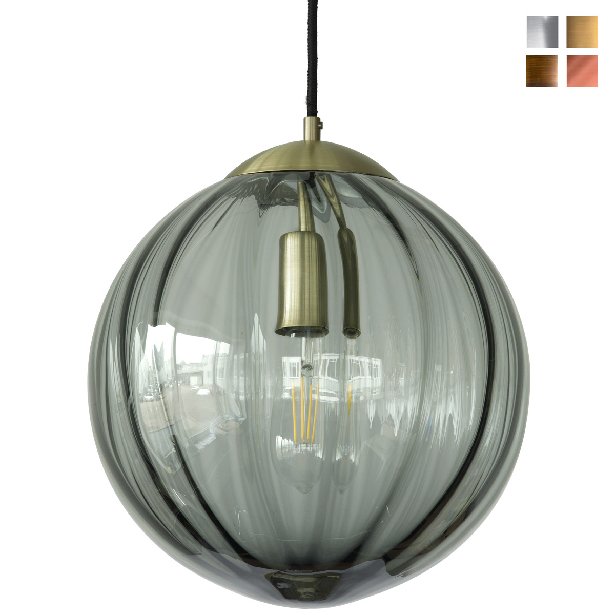Hängeleuchte mit gewellter Glaskugel in grau (Rauchglas)