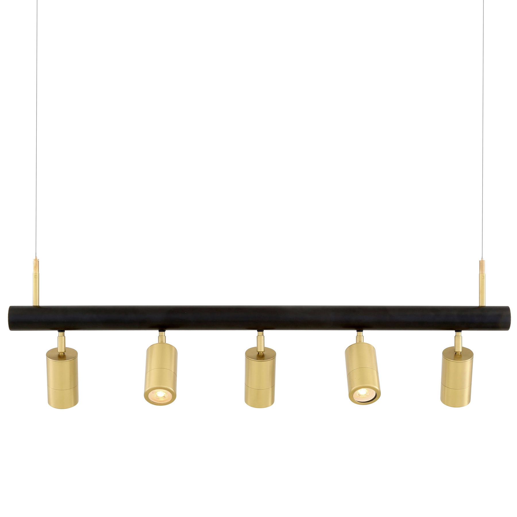 Long pendant light with five adjustable spot lights