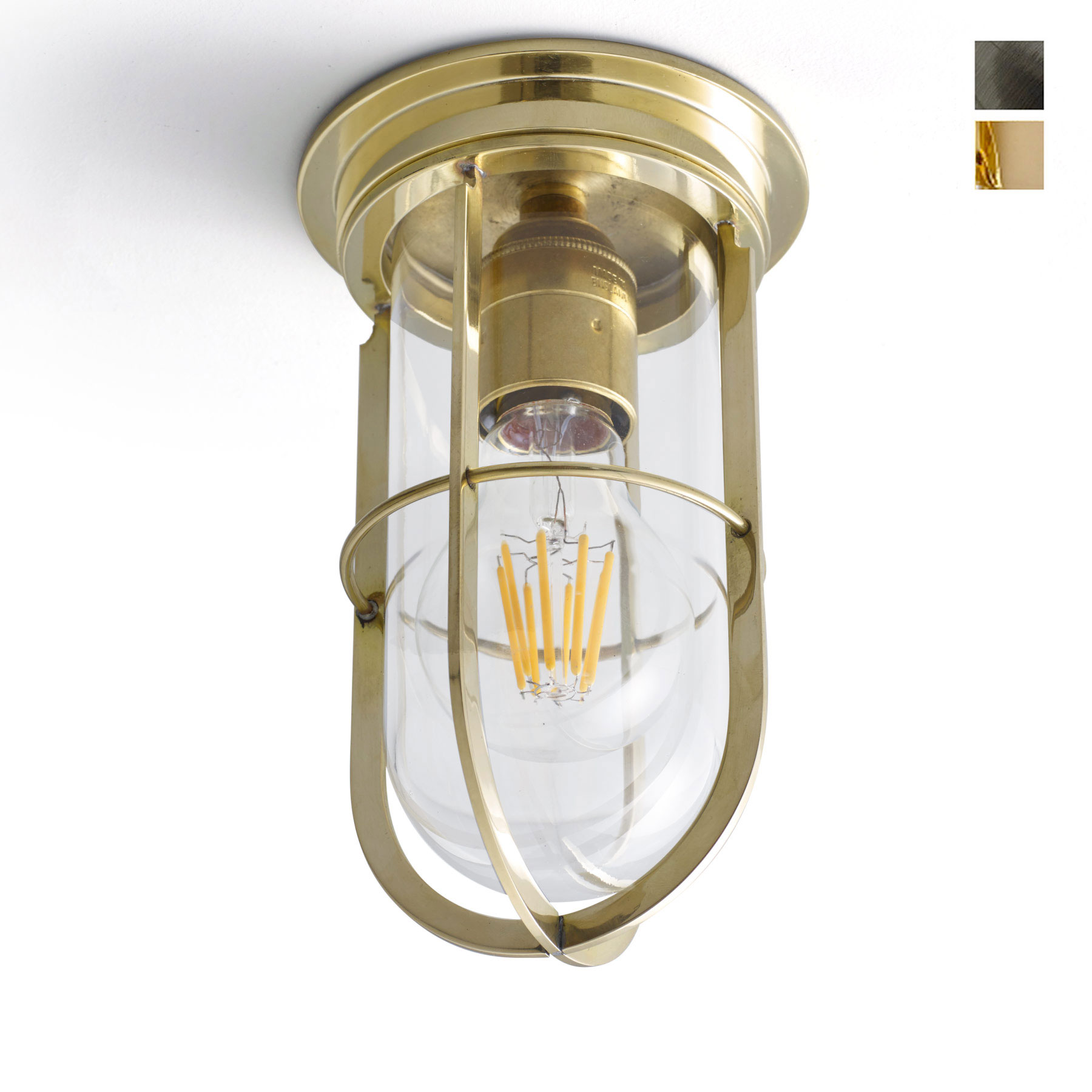 Nautical Ceiling Light 7203 With Protective Grille and Clear Glass Cylinder