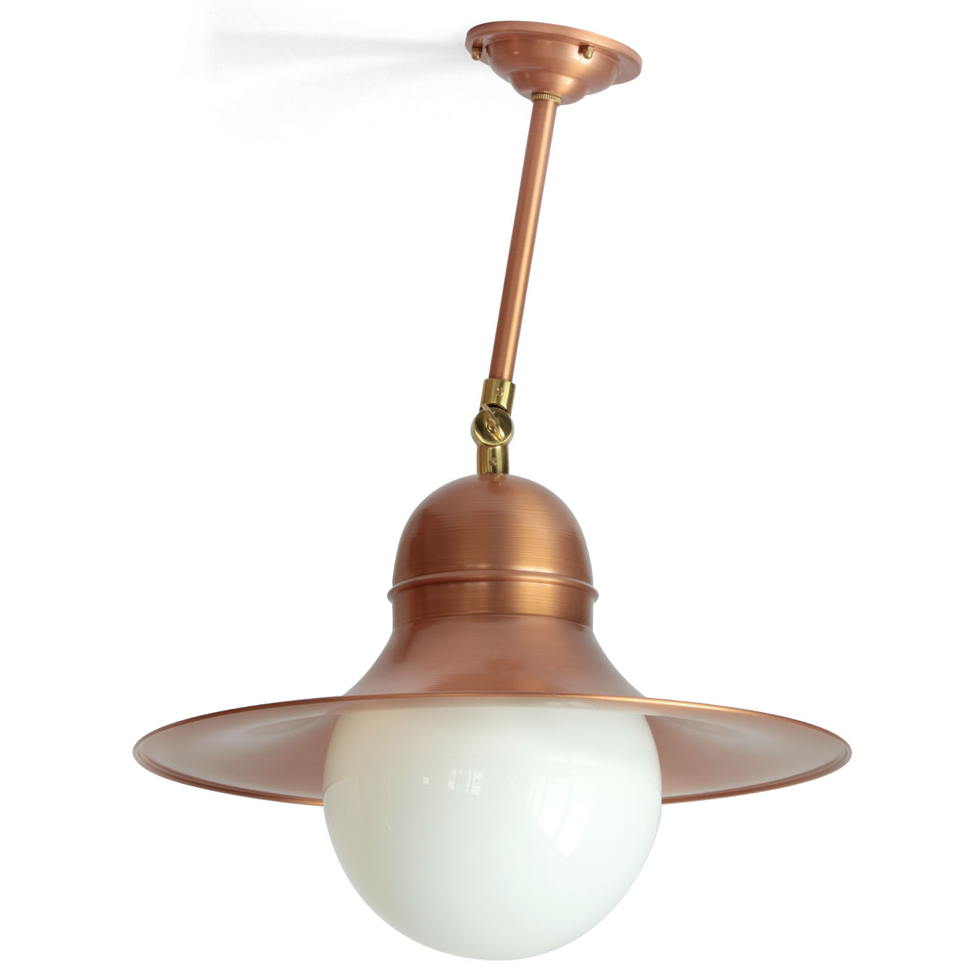 SIEGEN Gelenk-Rohrpendelleuchte aus Kupfer mit Opalglas-Kugel, Ø 35/40 cm
