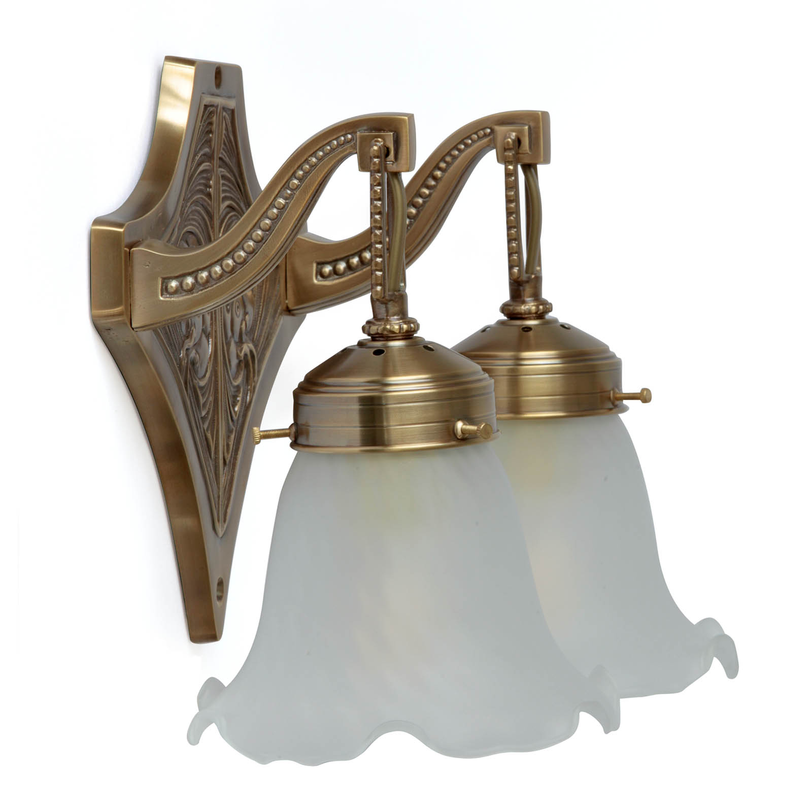 Zweiflammige Jugendstil-Wandleuchte SOLON WL V: Antik handpatiniert (Altmessing)
