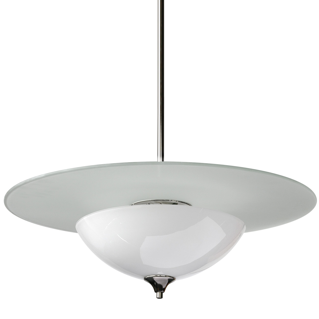 Art déco-Pendelleuchte mit 60 cm-Diffusorscheibe und Opalglas-Schirm