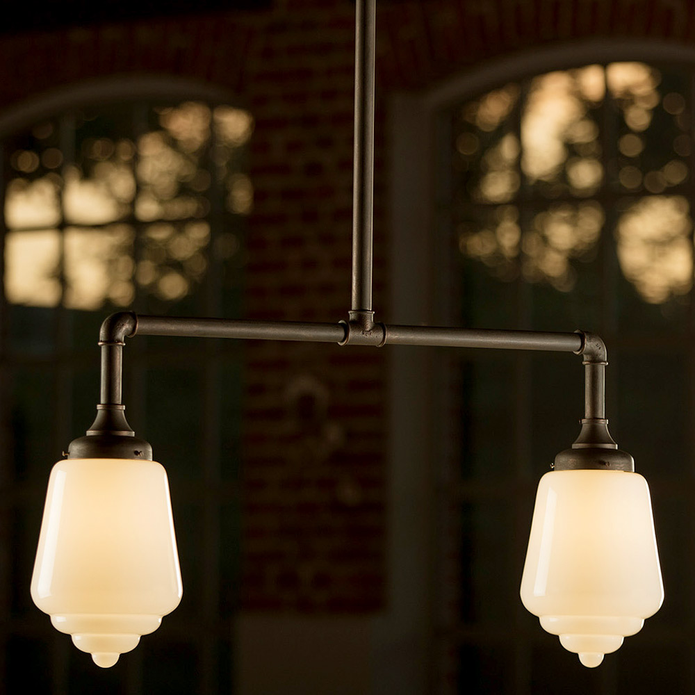 Für Tische: Geschmiedete Doppel-Pendelleuchte mit Art déco-Glas