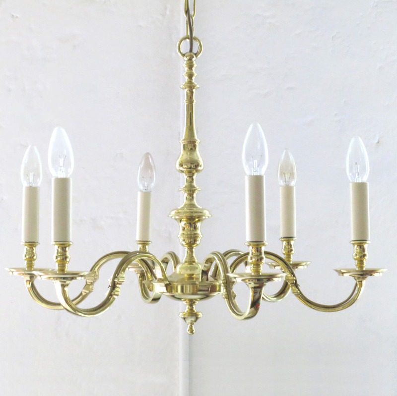 Six-flame Empire brass chandelier