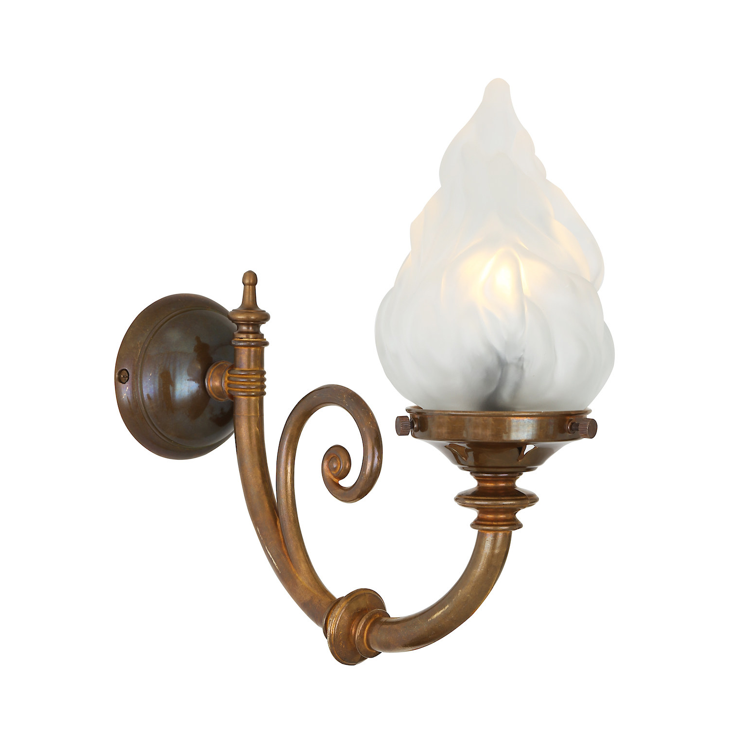Nostalgic Wall Light with Flame Glass and Decorated Brass Wall Arm