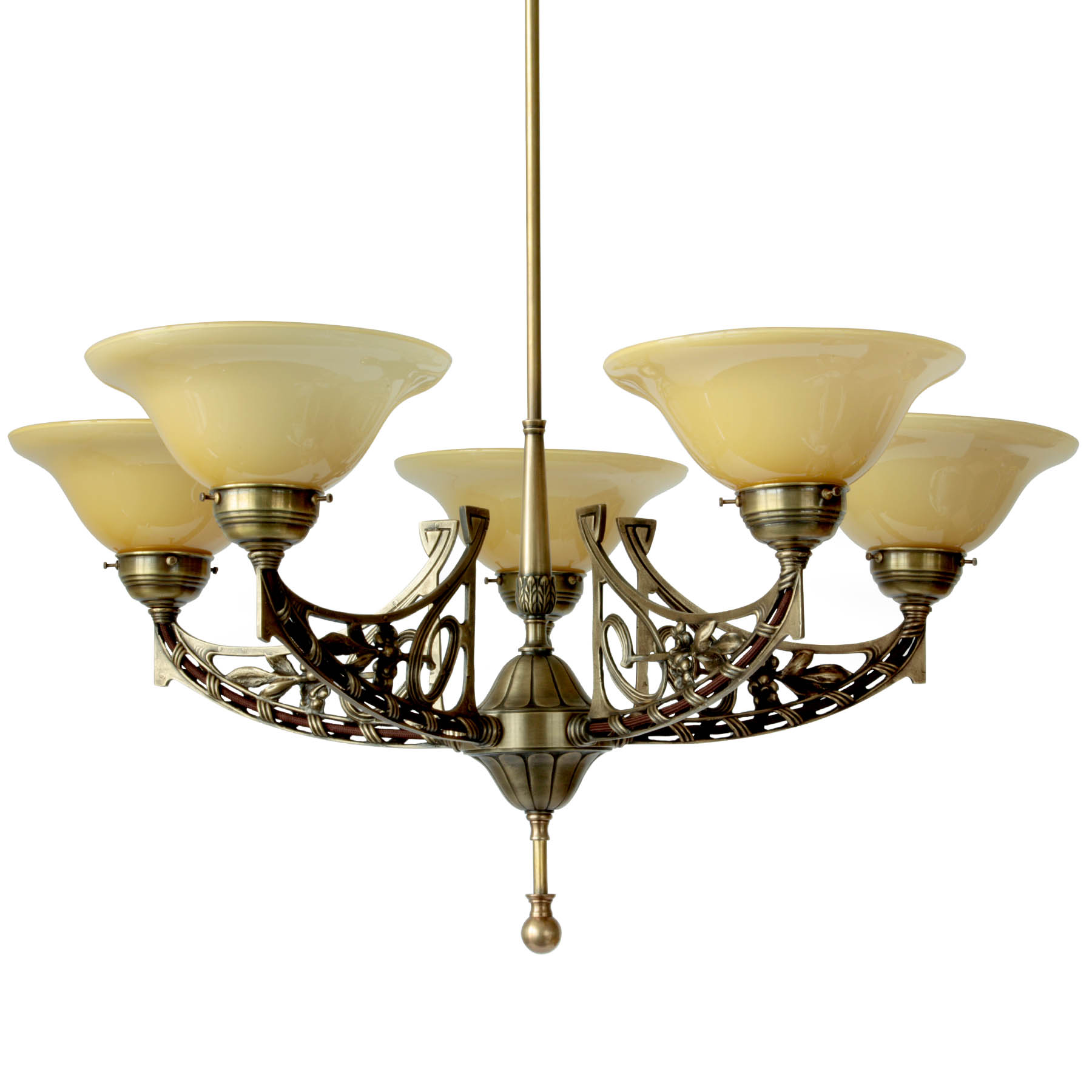 Five Arm Art Nouveau Chandelier with Opal Glass Shades