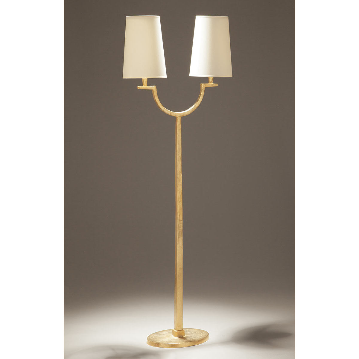 Two-armed bronze cast floor light PERCEVAL with fabric shades