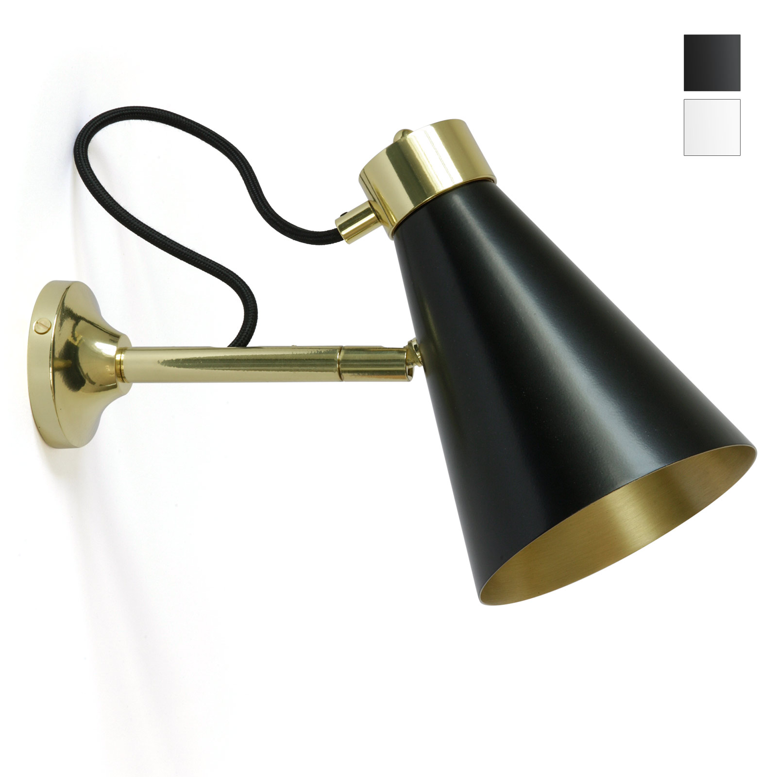 Elegante, verstellbare Wandleuchte mit Kegelschirm, Messing/schwarz/weiß