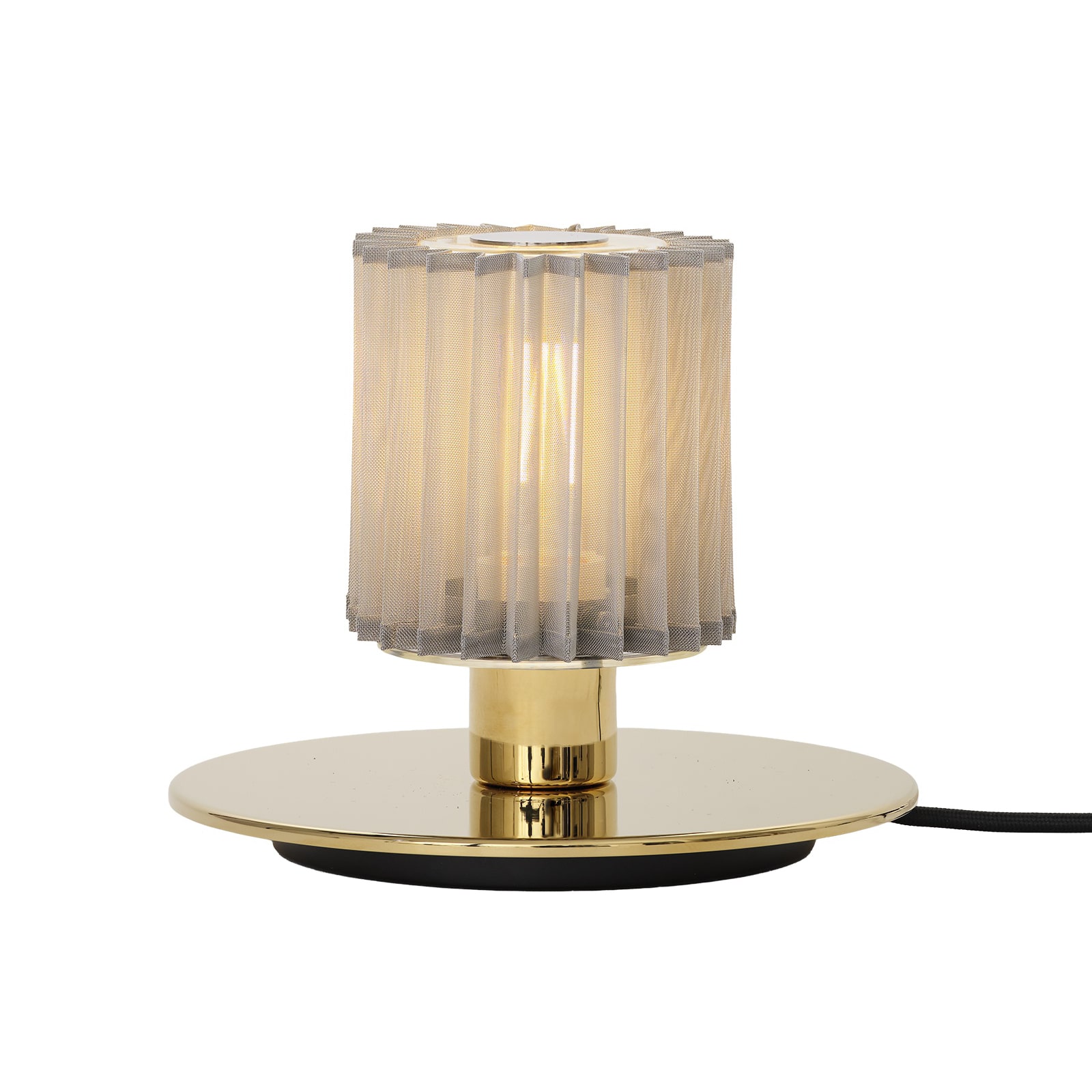 Decorative Design Table Lamp with Mesh Diffuser IN THE SUN 220: Goldener Sockel/Reflektor und silberne Gewebeabschirmung