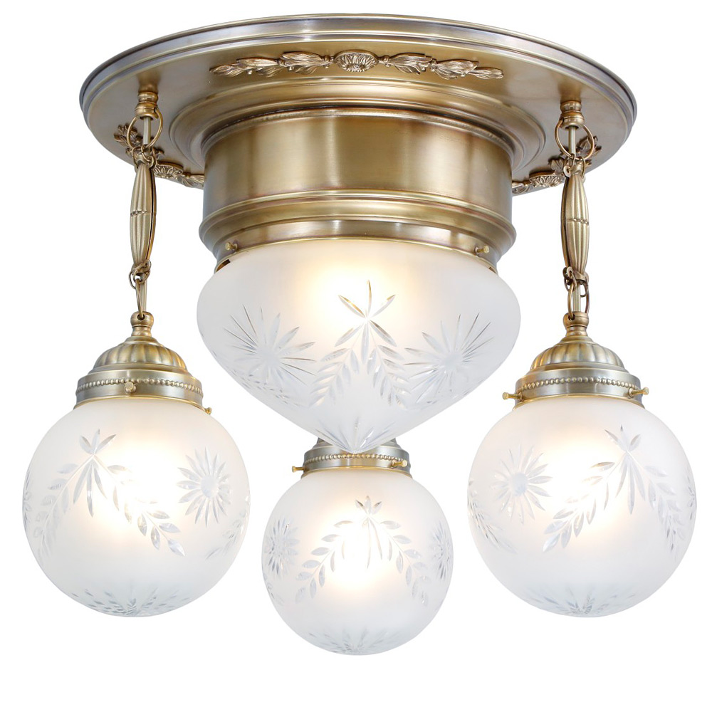 Four-flame Art Nouveau ceiling light with hanging glass balls, Ø 42 cm