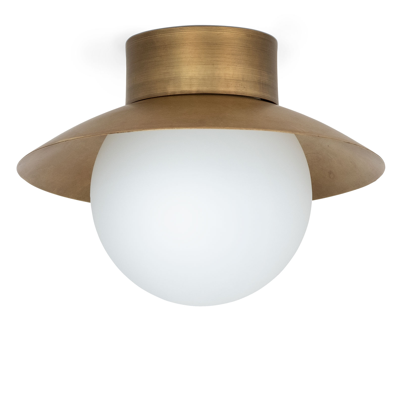 Deckenleuchte mit matter Glaskugel und Messing-Schirm, IP44, Ø 25 cm