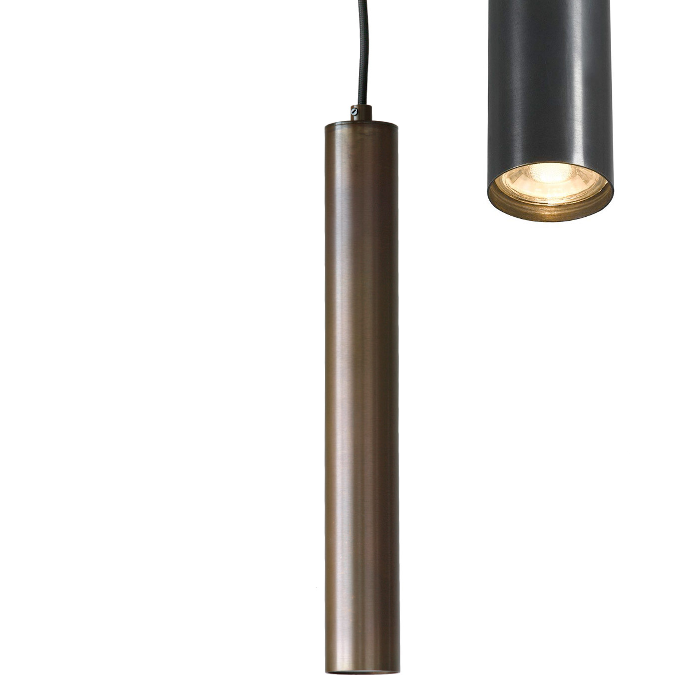 Lange Röhren-Pendelleuchte TOBINO mit Strahler, Kupfer oder Messing