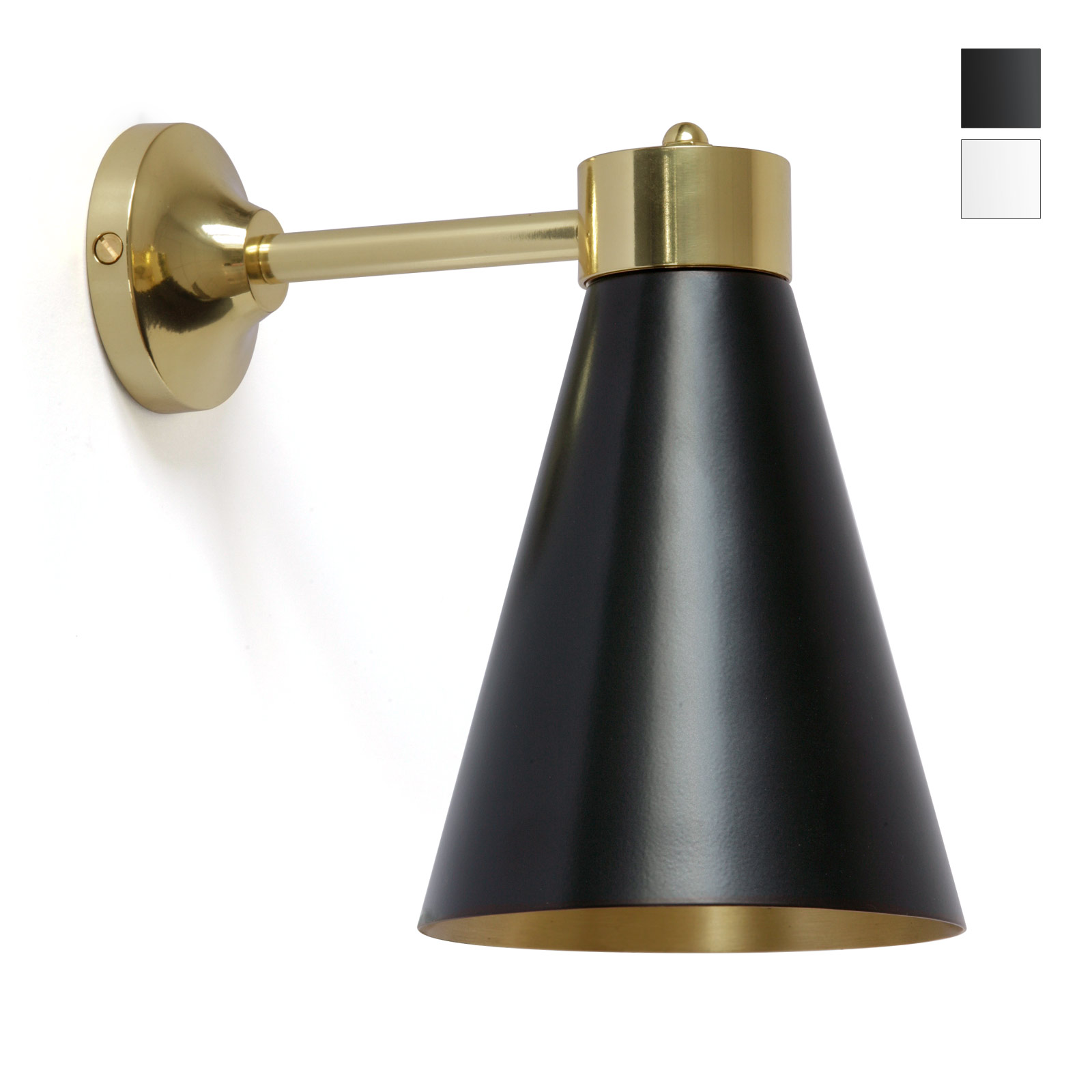Elegante, kleine Wandleuchte mit Kegelschirm, Messing/schwarz/weiß