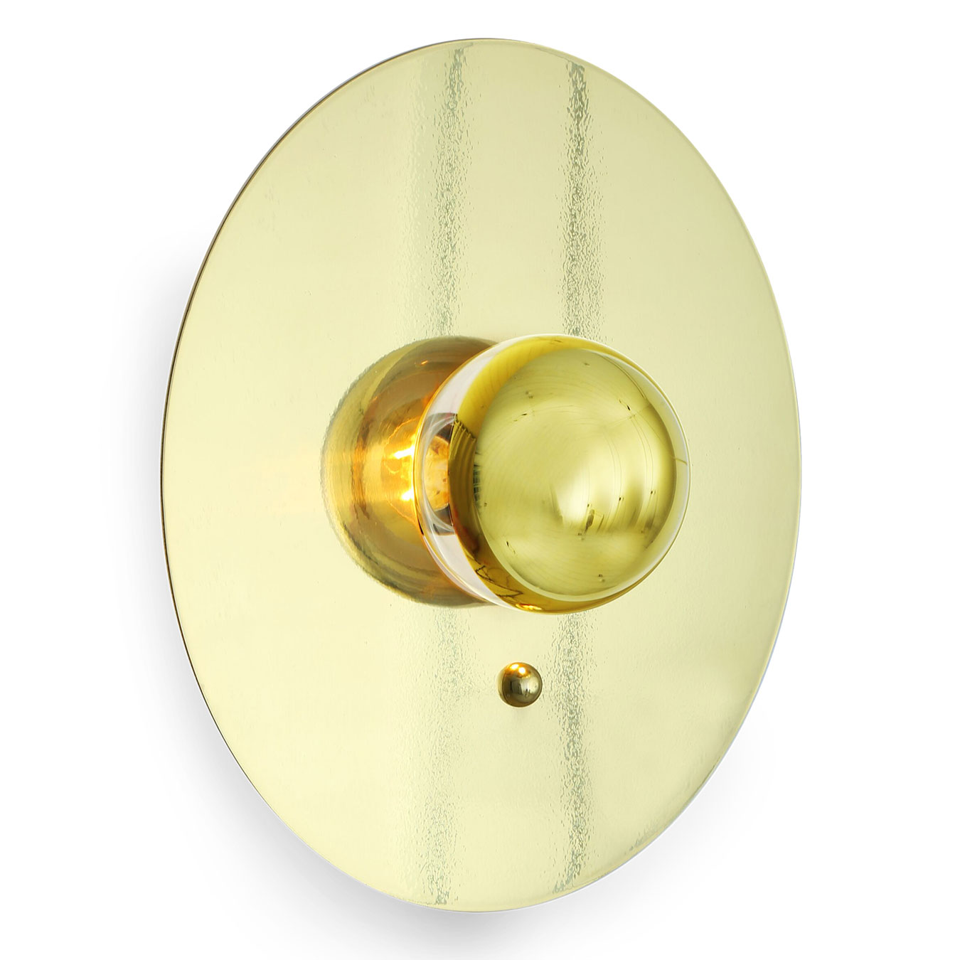 Dekorative Wandleuchte mit runder Reflektor-Scheibe aus Messing
