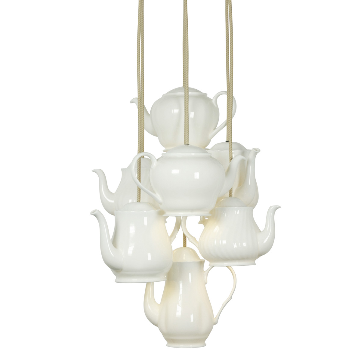 Group of 7 porcelain pendant lamps in the shape of tea and coffee pots