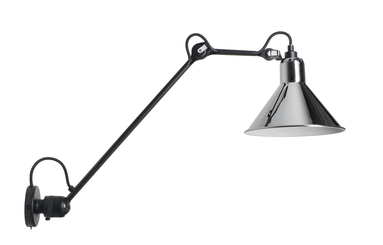 Wandleuchte № 304 mit Gelenk-Arm L40/L60: Das Modell 1 (304 L40) ist optional auch mit Kippschalter am Wandteil erhältlich. Hier mit konischem Schirm in Chrom.